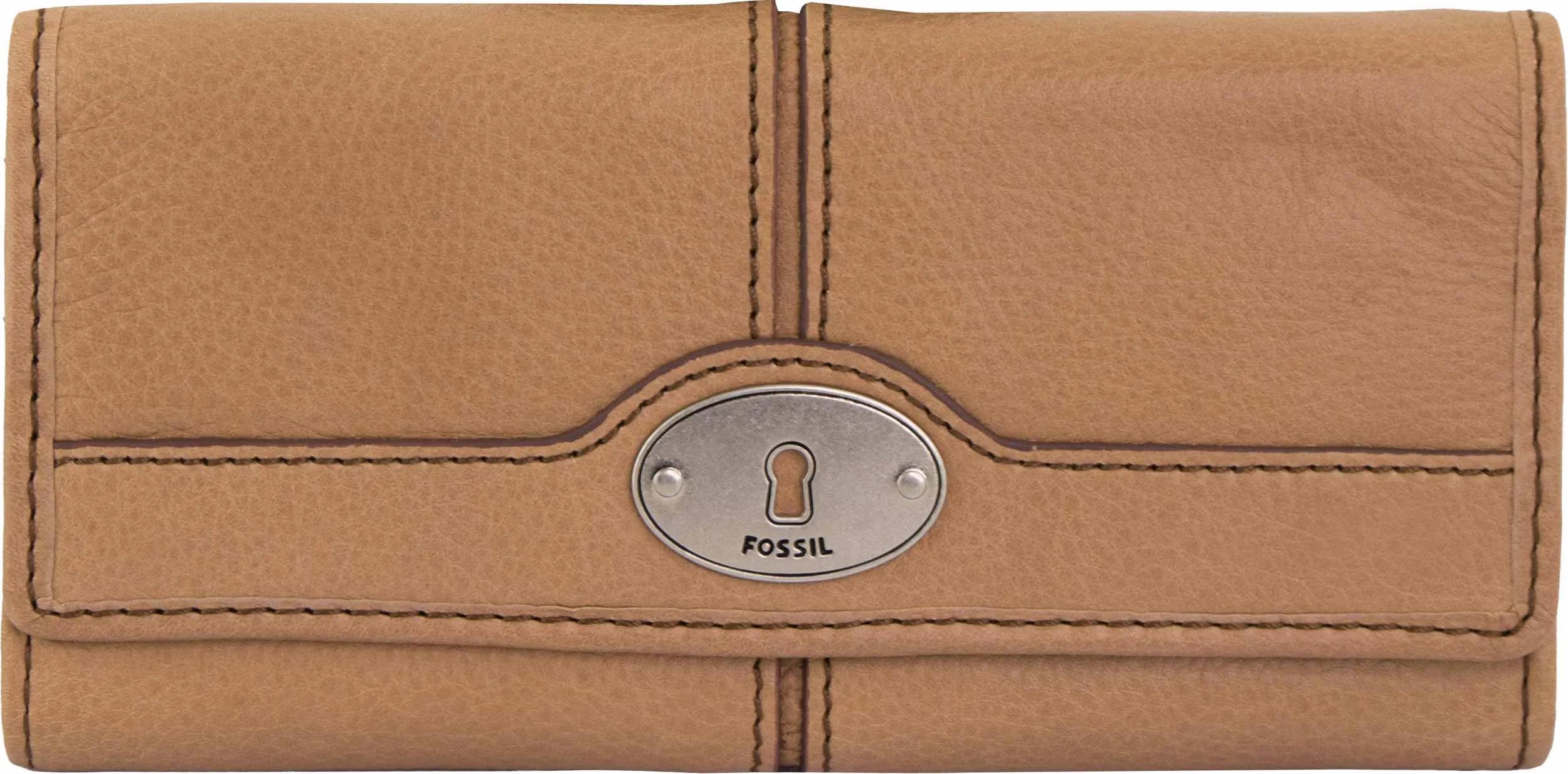 Damen-Geldbörse Fossil Leder-Geldbörse Maddox Flap Clutch Camel Beige