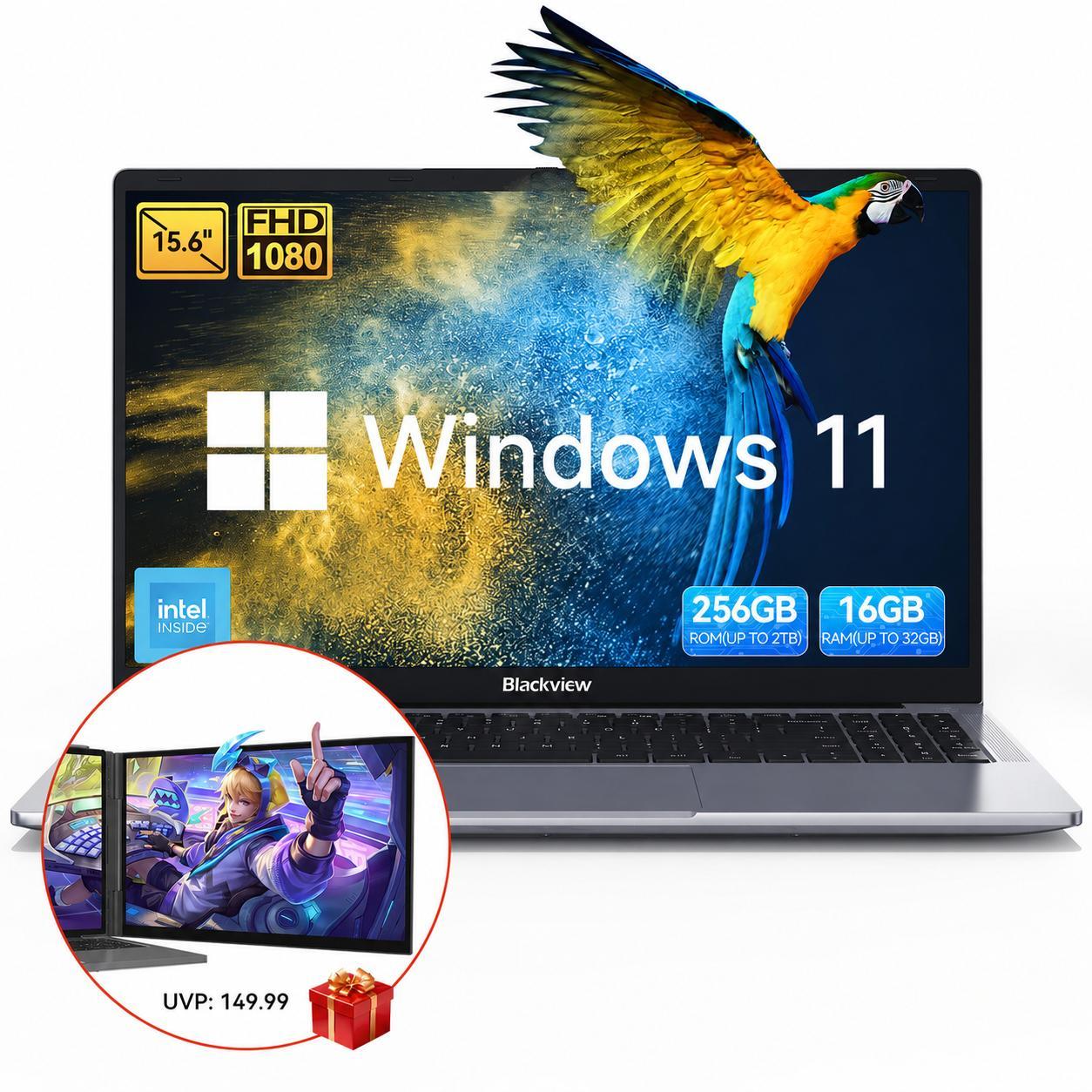 Blackview 15.6" FHD Acebook 6 Laptop mit 14" tragbarem Bildschirm, 4x3.6Ghz, 16GB DDR4+256GB SSD/1TB, 180° drehbar, Windows 11, Tastatur-Aufkleber Acebook6