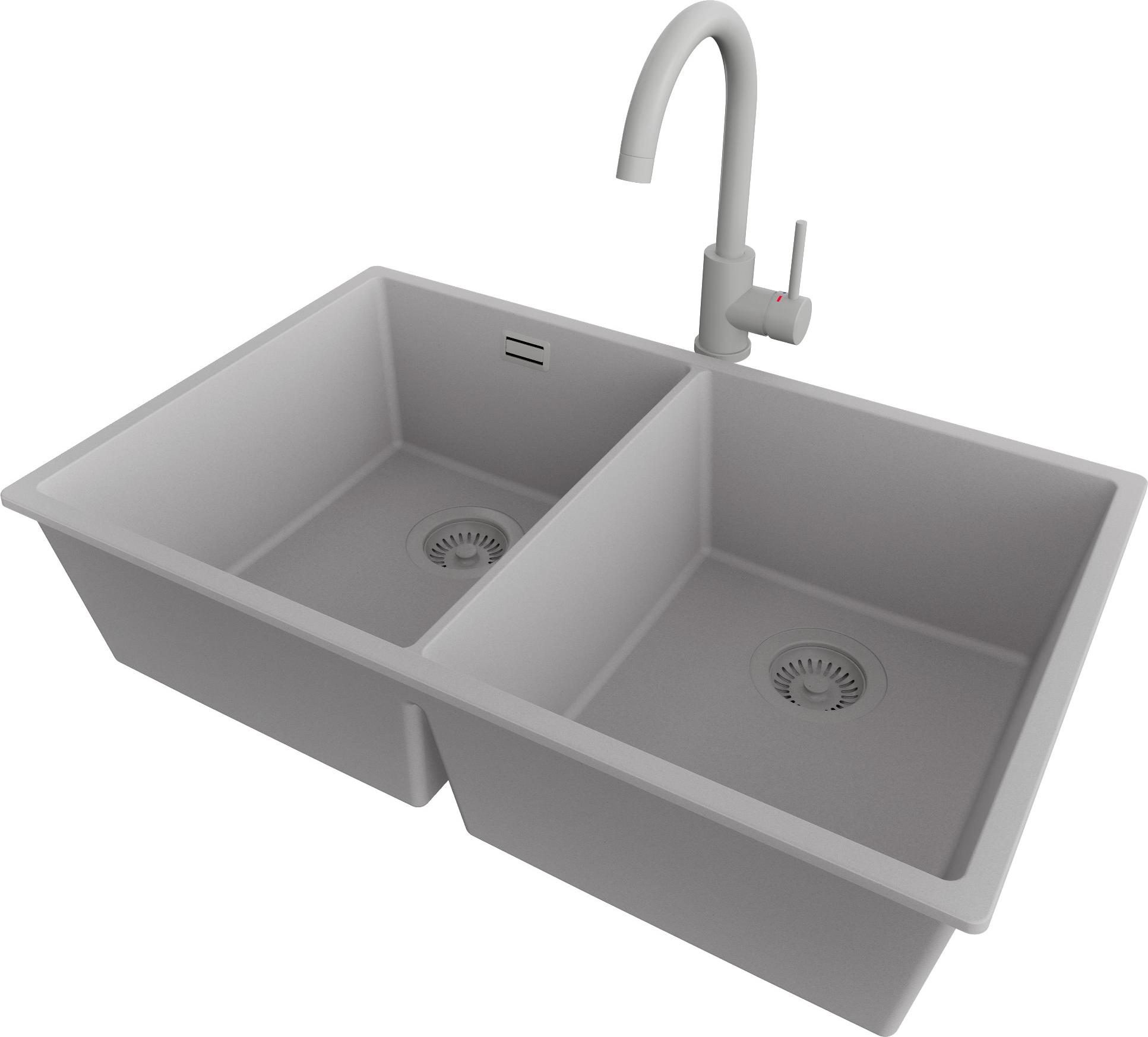 PRIMAGRAN Unterbauspüle Granit Grau 76x47cm, Spülbecken 2 Becken + Küchenarmatur 32x20cm + Ablauf-Set, Granitspüle ab 80er Unterschrank - London Twin