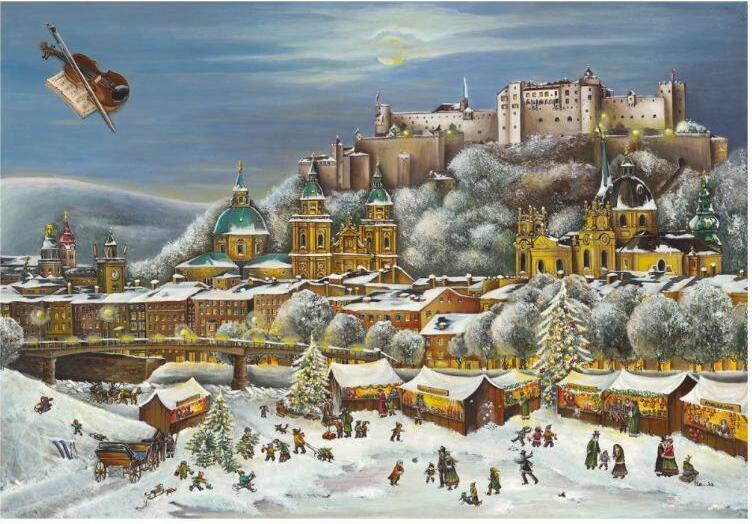 Adventný kalendár s panorámou Salzburgu na pevnom kartóne