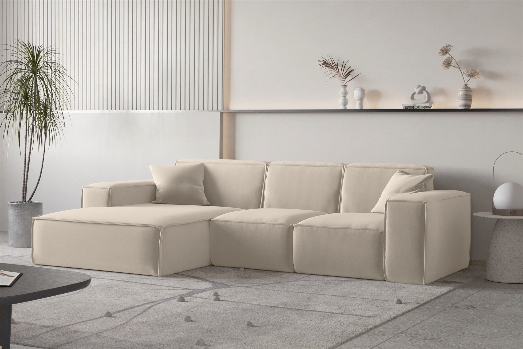 Ecksofa 2024 Ceyda 280x100cm Stone Grau Beige Baumwollmix LeGer Creme