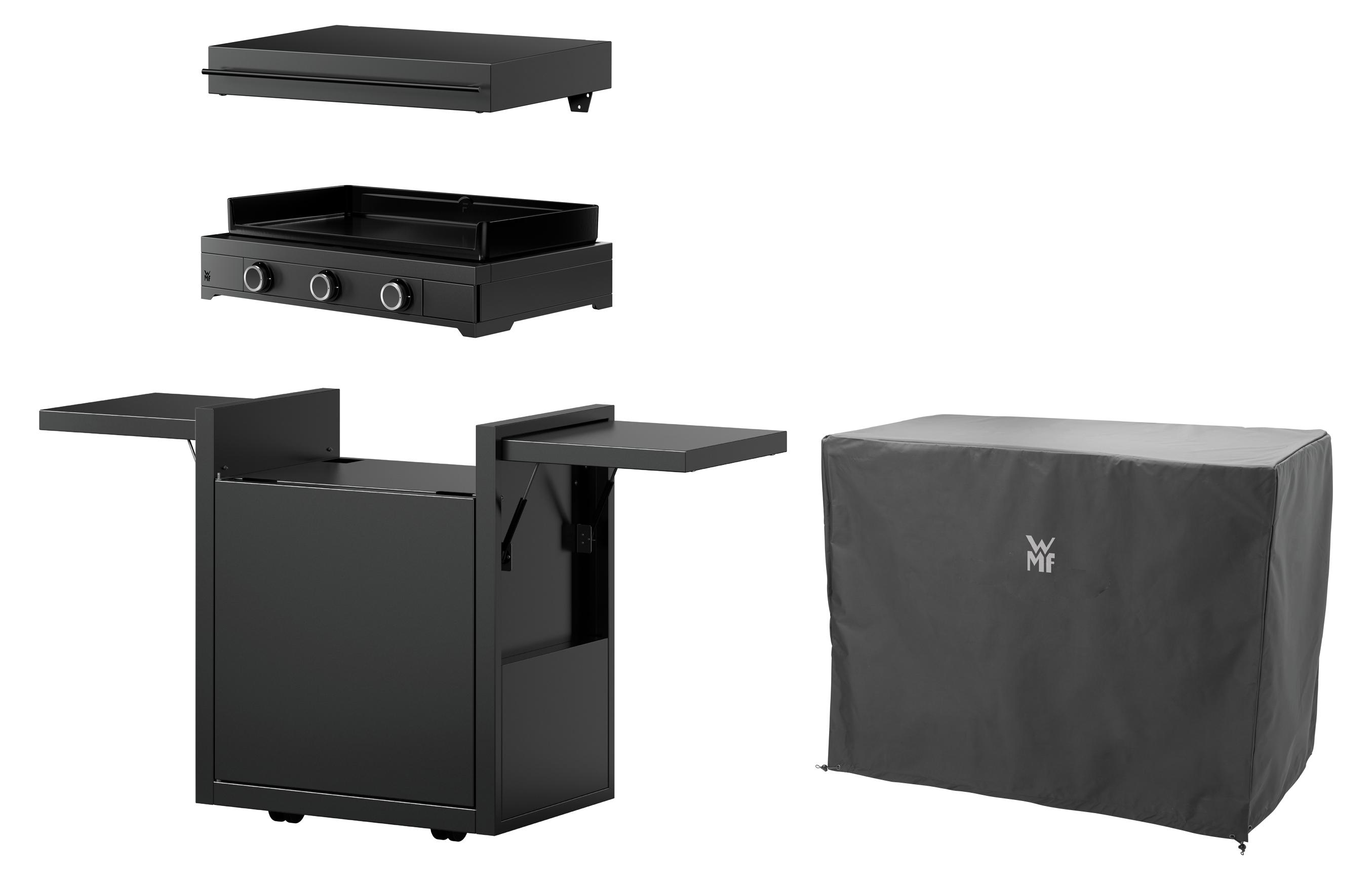 WMF Plancha Set 60G mit Plancha Grill Gas / Planchadeckel / Planchawagen / Abdeckhaube, 6300 W, 75 x 99.5 x 63 cm, Stahl / Gusseisen / Aluminium / Edelstahl, schwarz 20010031218