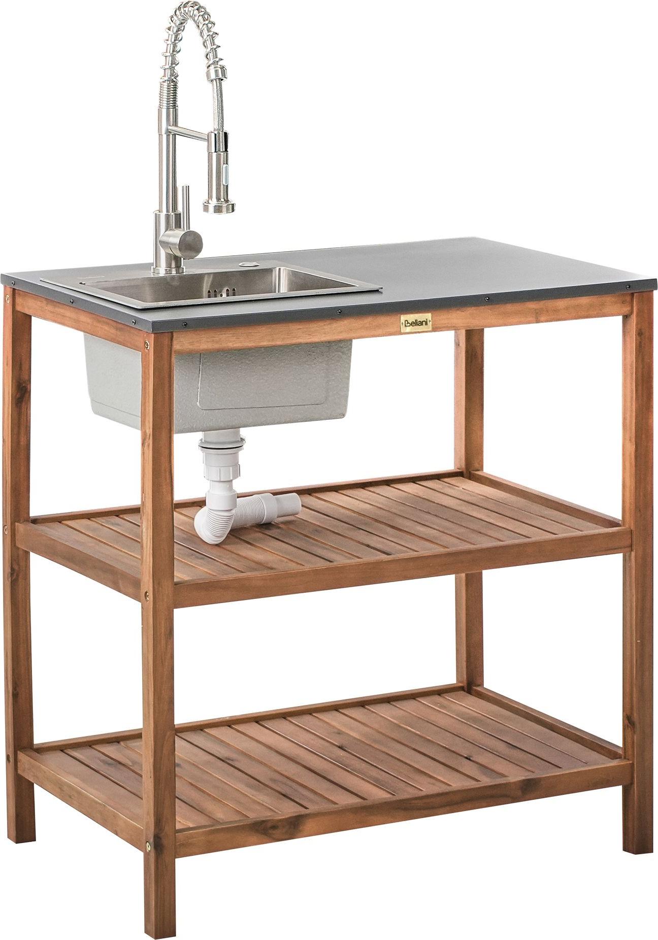 BELIANI Vonkajšia kuchynská polica s drezom hnedá strieborná akáciové drevo 80 x 50 x 83 cm policový regál záhradná letná kuchyňa