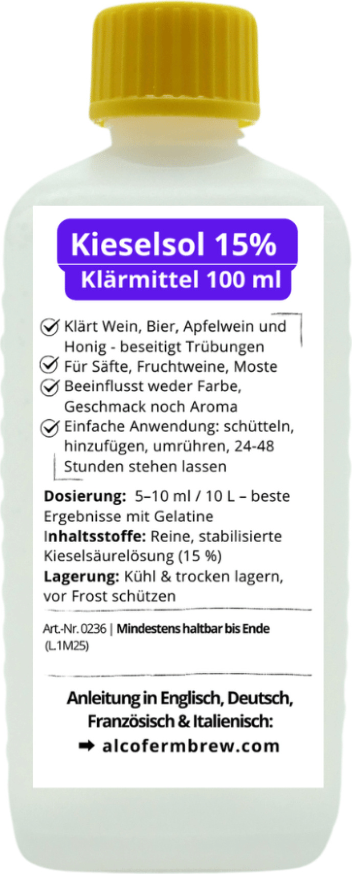 Alcofermbrew Kieselsol 15% - 100ml, Schnelle 24h Klärung und Sedimentation für Wein, Bier und Maische