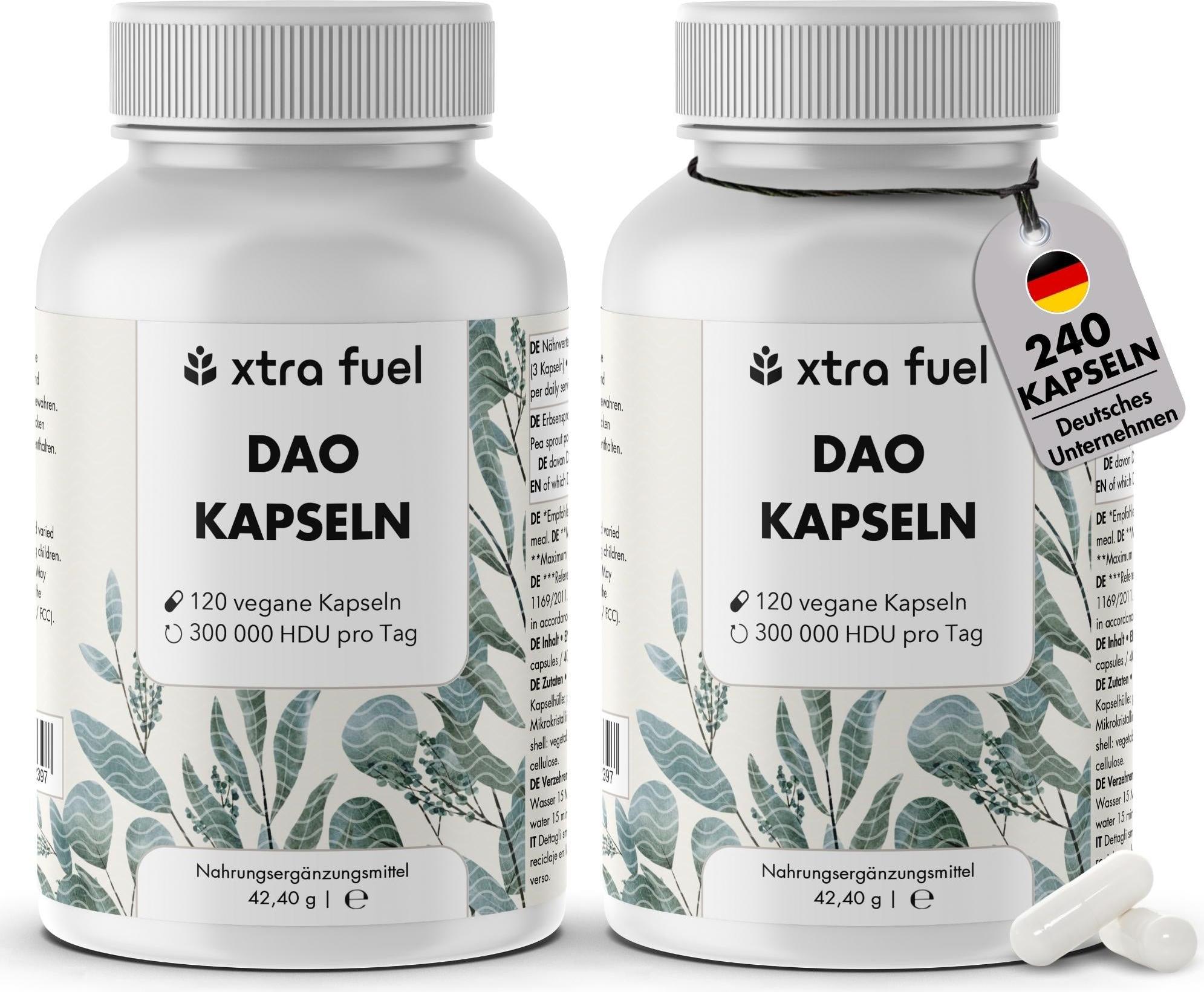 XTRA FUEL DAO Enzym Kapseln - Vegane Diaminoxidase aus Erbsensprossen - 300.000 HDU – 2x Dosen (240x DAO Kapseln)