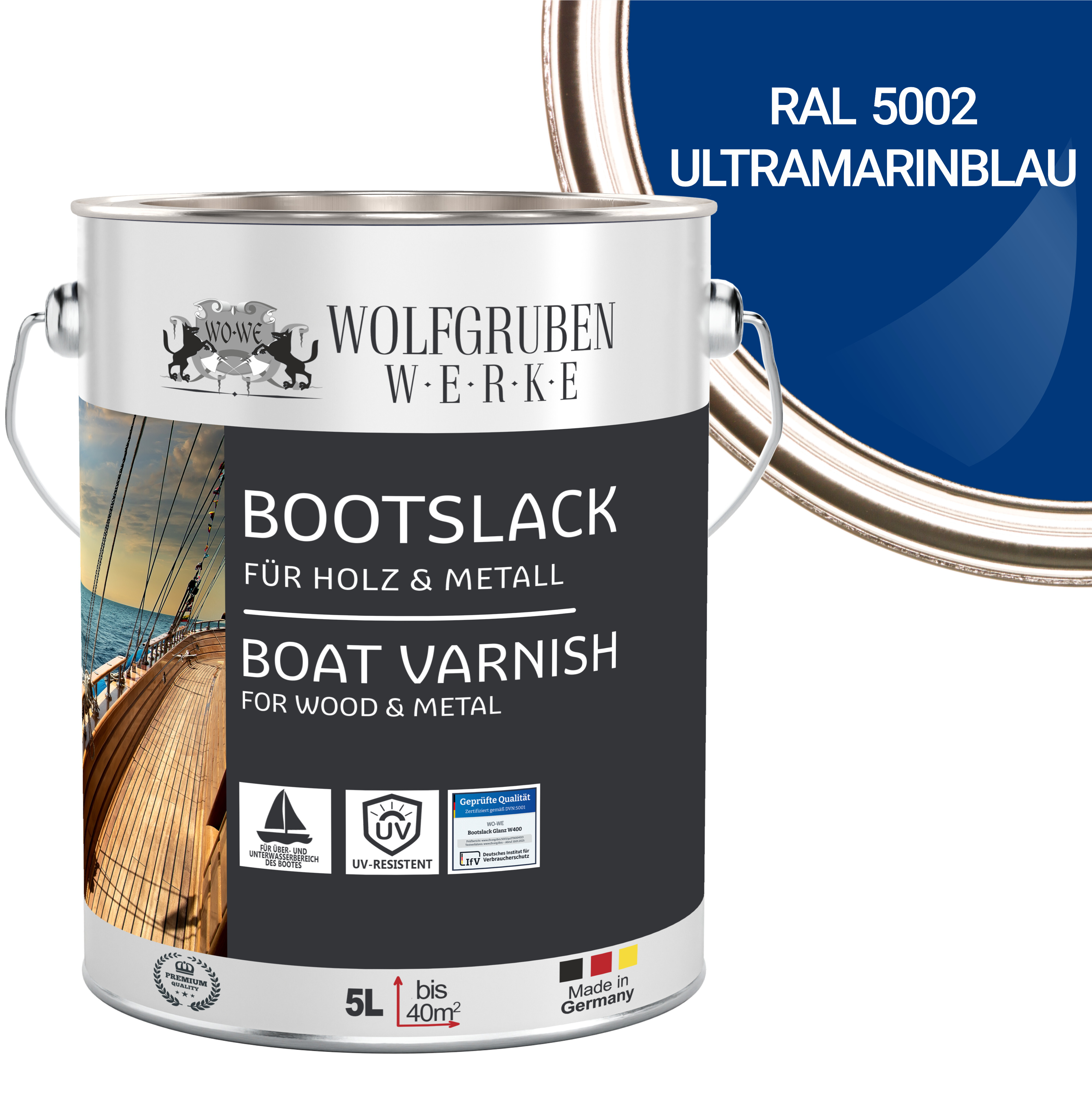 WO-WE Bootslack Parkettlack Schiffslack Holzlack Seidenglänzend für Holz Boot Schiff W400 Blau - 5L W400 Glänzend