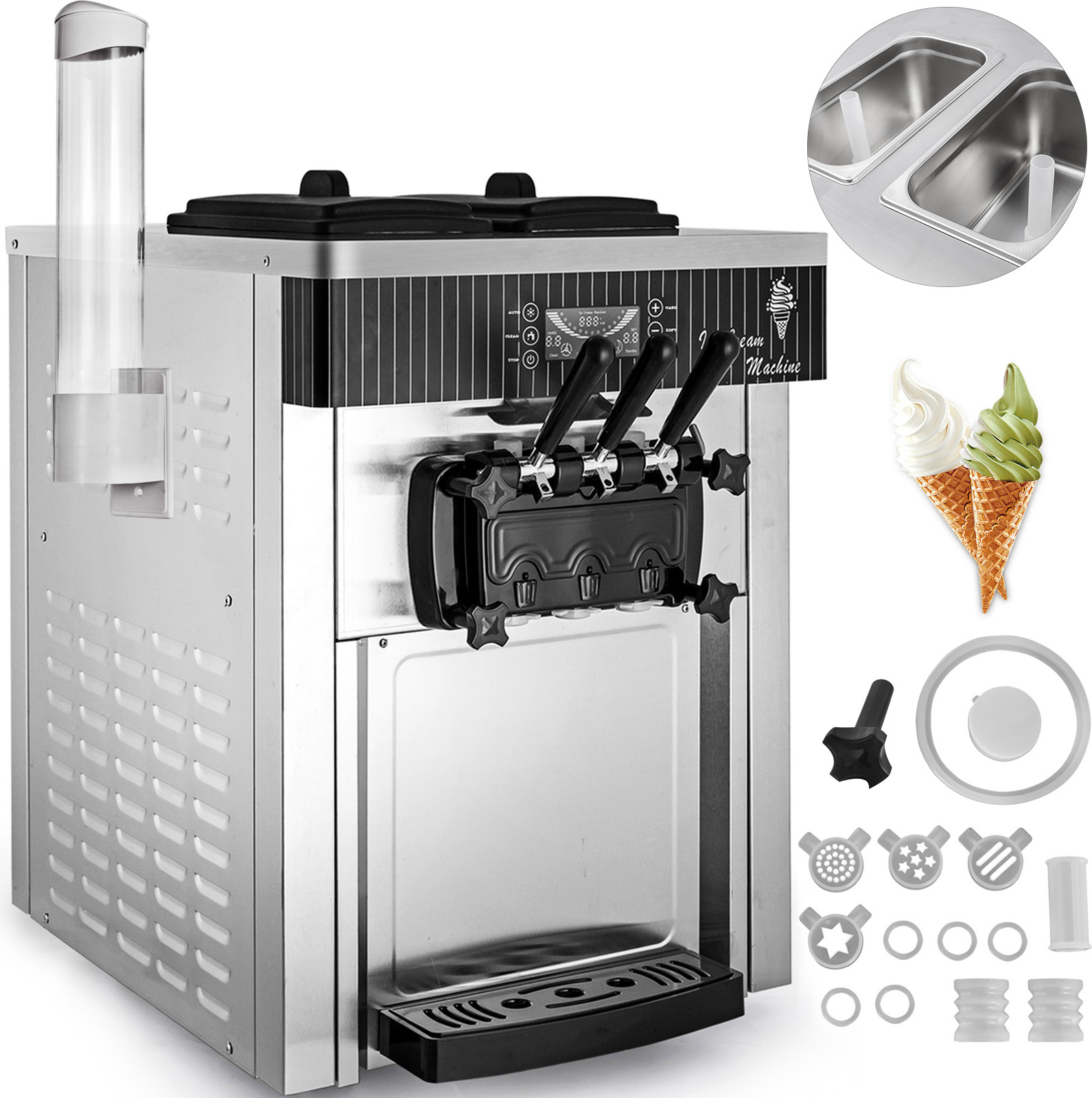 VEVOR Speiseeisbereiter Weiß Eismaschine 2200 W, 2 x 6 L Desktop Maschine Ice Cream Maker 220 V Speiseeisbereiter mit Eikegel Eierablage