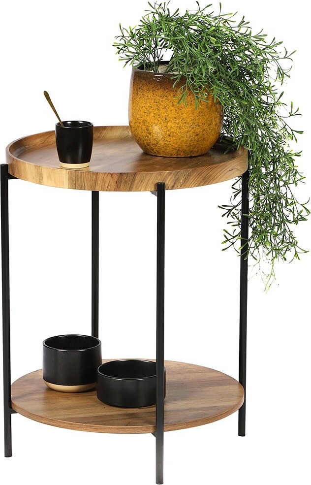 Meublorama Runder Beistelltisch JAYCE mit 2 Ebenen, schwarzes Metallgestell, Ethno-Stil