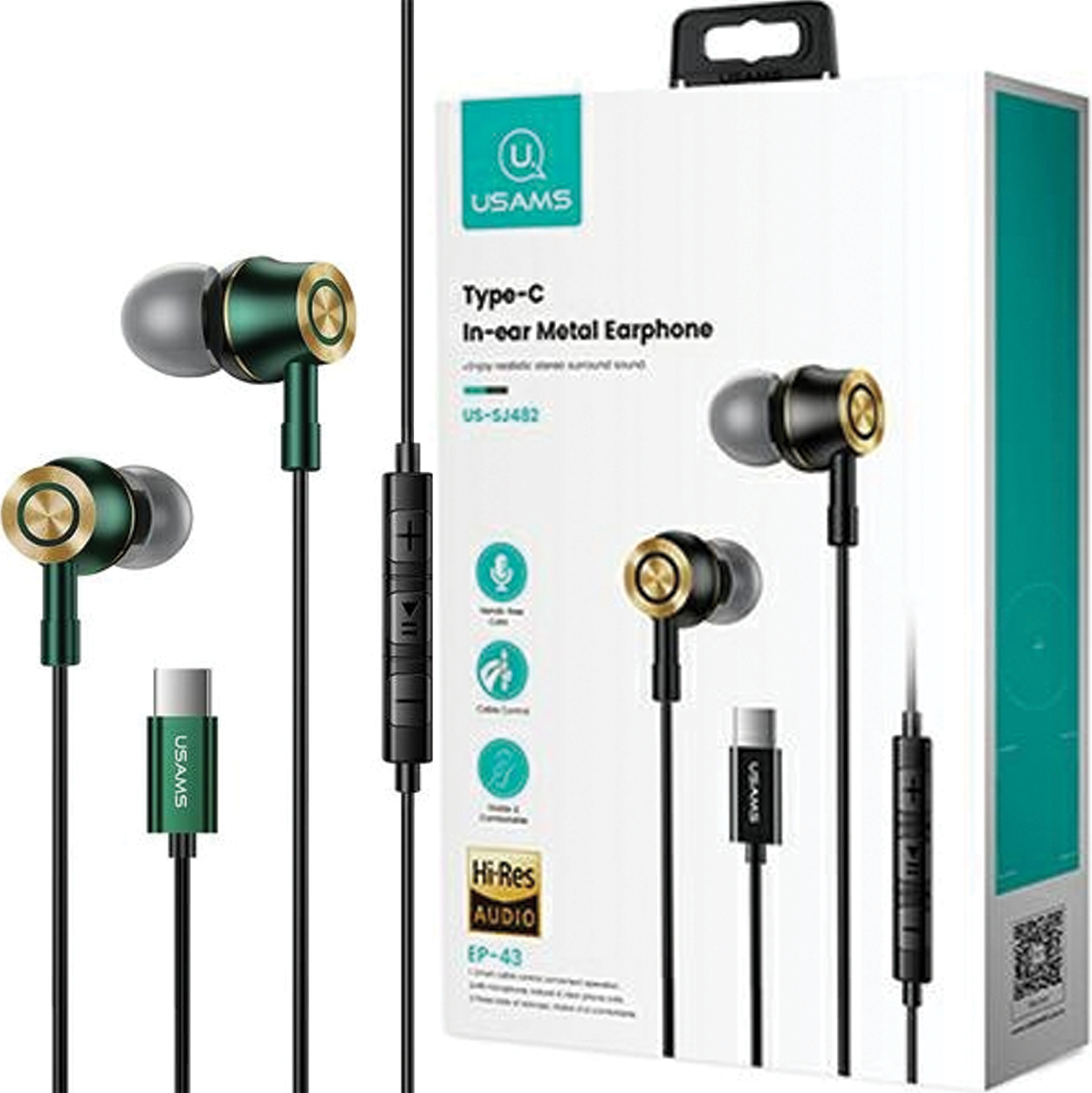 Usams Ep-43 Kovové Stereo Slúchadlá Usb-C Tmavozelená/Tmavozelená Hsep4302