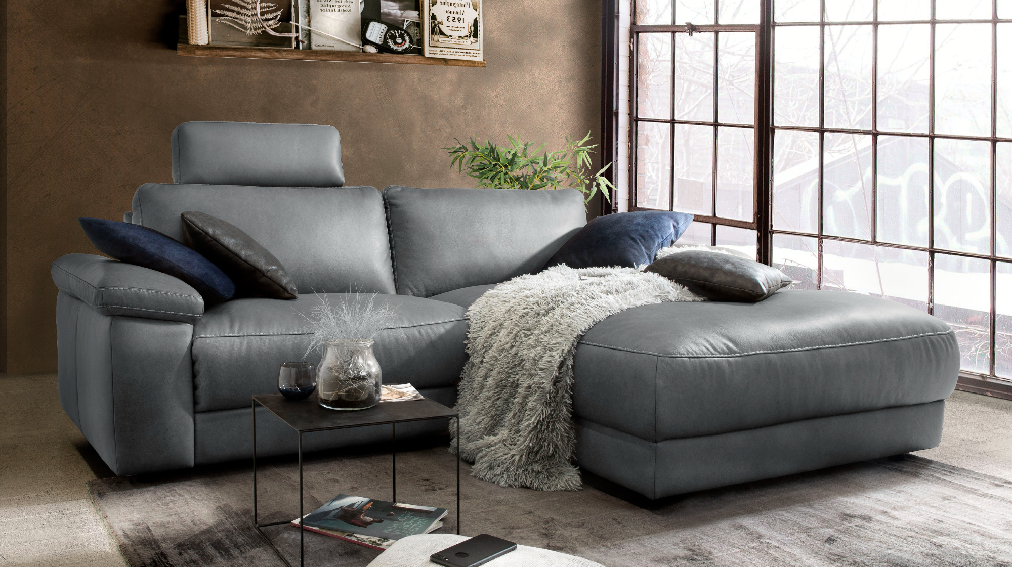 KAWOLA Sofa LOLA Ecksofa Leder grau mit motorischer Relaxfunktion Recamiere rechts