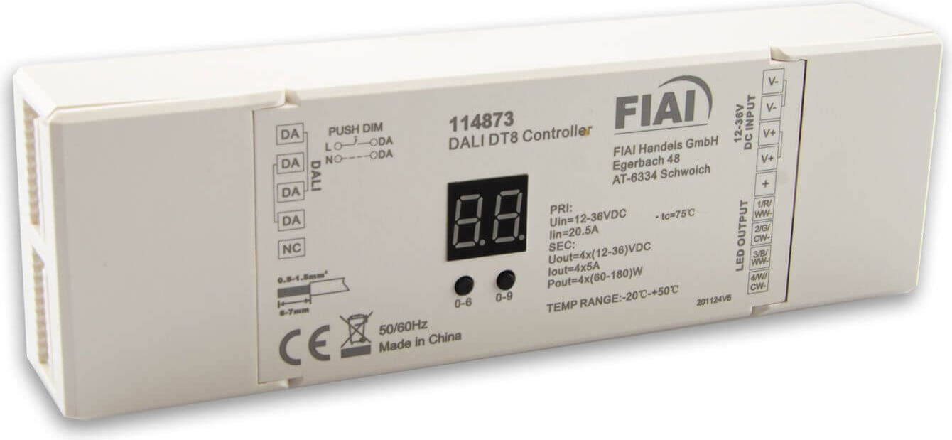 ISOLED DALI DT8 1 Adresse Universal Push-Dim PWM-Dimmer, 4 Kanal, 12-36V 4x5A, 48V 4x3A 114873