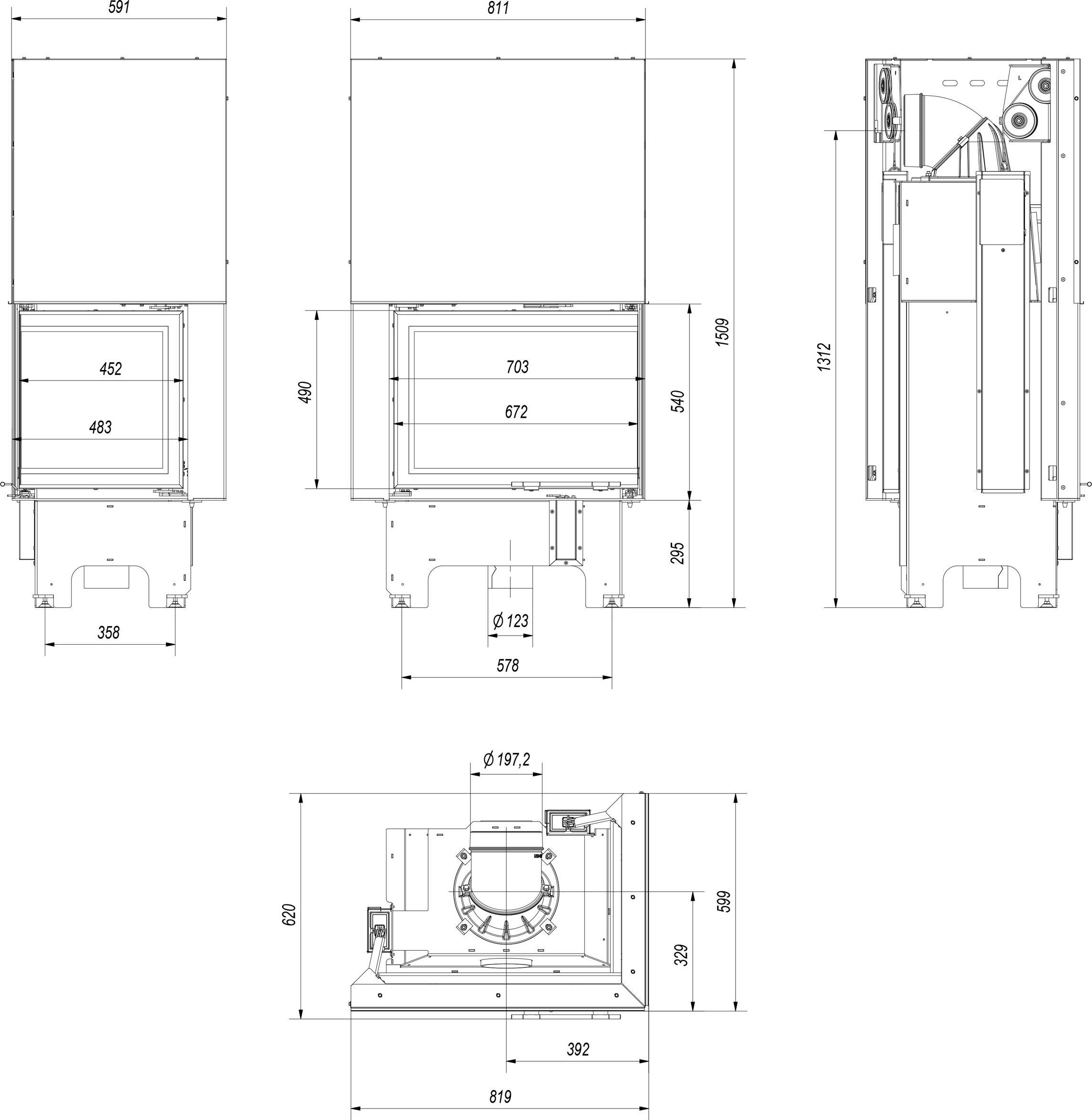 Oceľový krb KRATKI VNP 700/480 12 kW Ø 200 Lift-up čierny thermotec