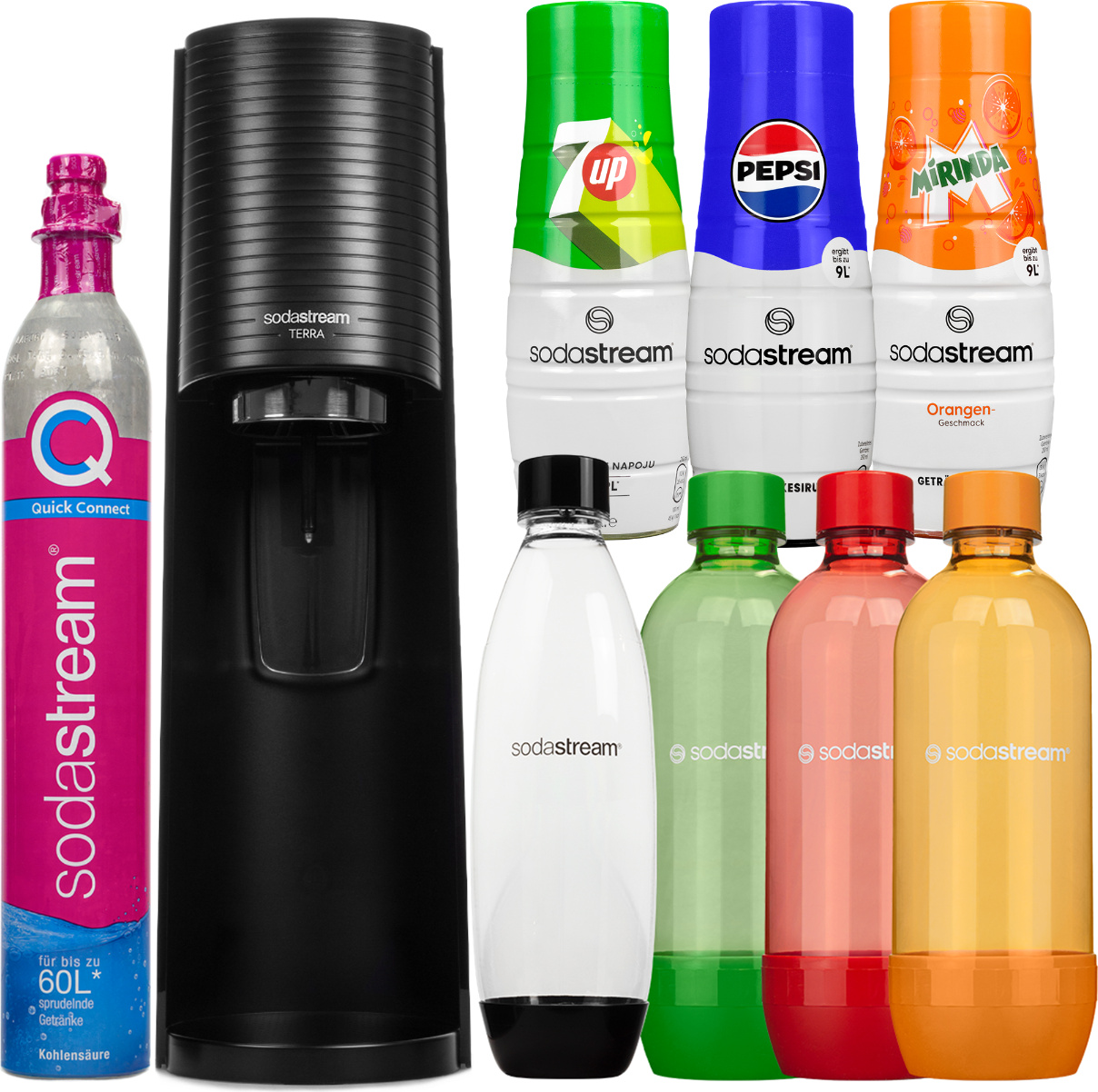 Výrobník sódy SodaStream Terra Black + jedna fľaša + fľaše SodaStream 3x1L oranžová/zelená/červená + sirup pre Sodastream Pepsi, Mirinda, 7UP