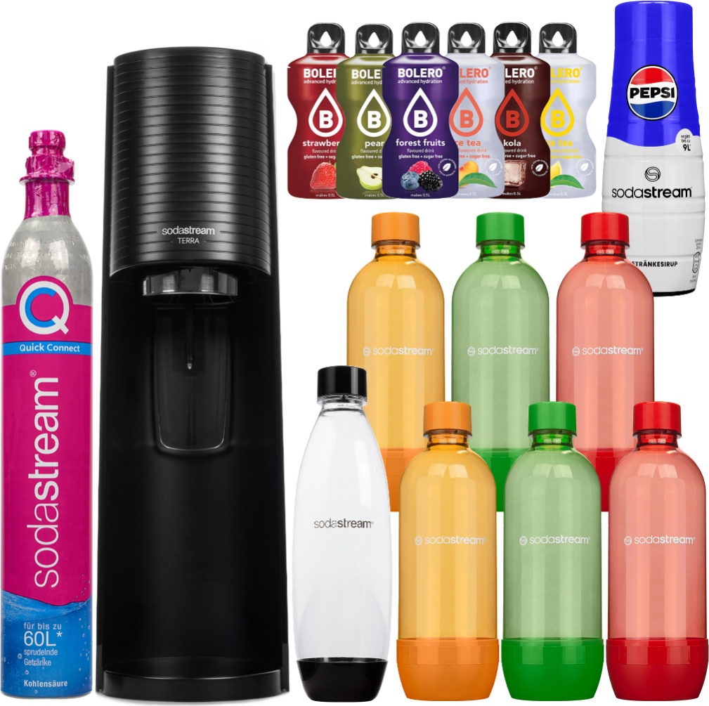Výrobník perlivej vody SodaStream Terra Black + 7 fliaš, 1 l, čierna/oranžová/zelená/červená + Bolero + sirup Pepsi 440 ml