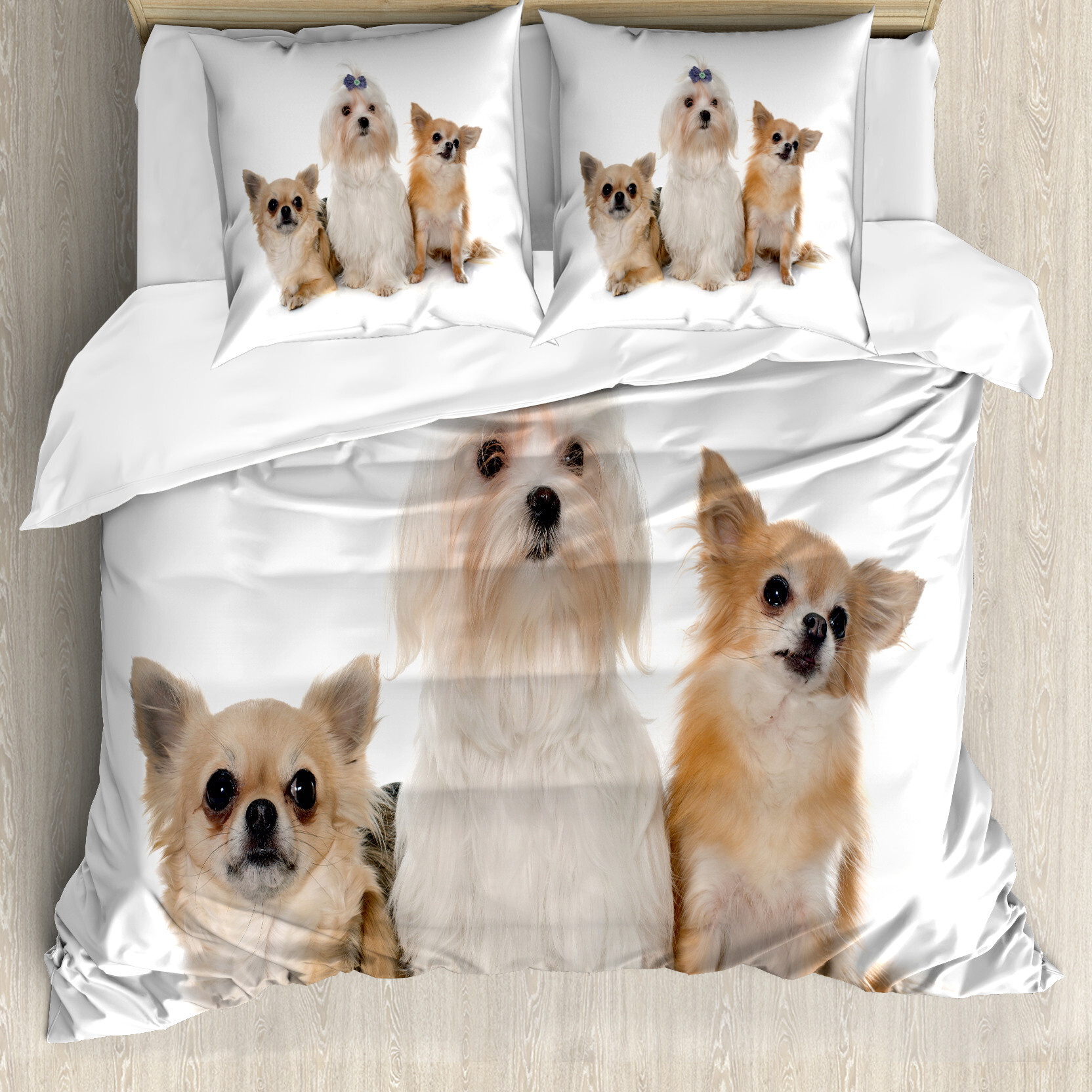 ABAKUHAUS Hündchen Bettbezug Set für Einzelbetten, Chihuahua und Maltesisch Hunde, Milbensicher Allergiker geeignet mit Kissenbezug, 155 cm x 220 cm - 80 x 80 cm, Pale Brown White nevde_103486_155x220_de