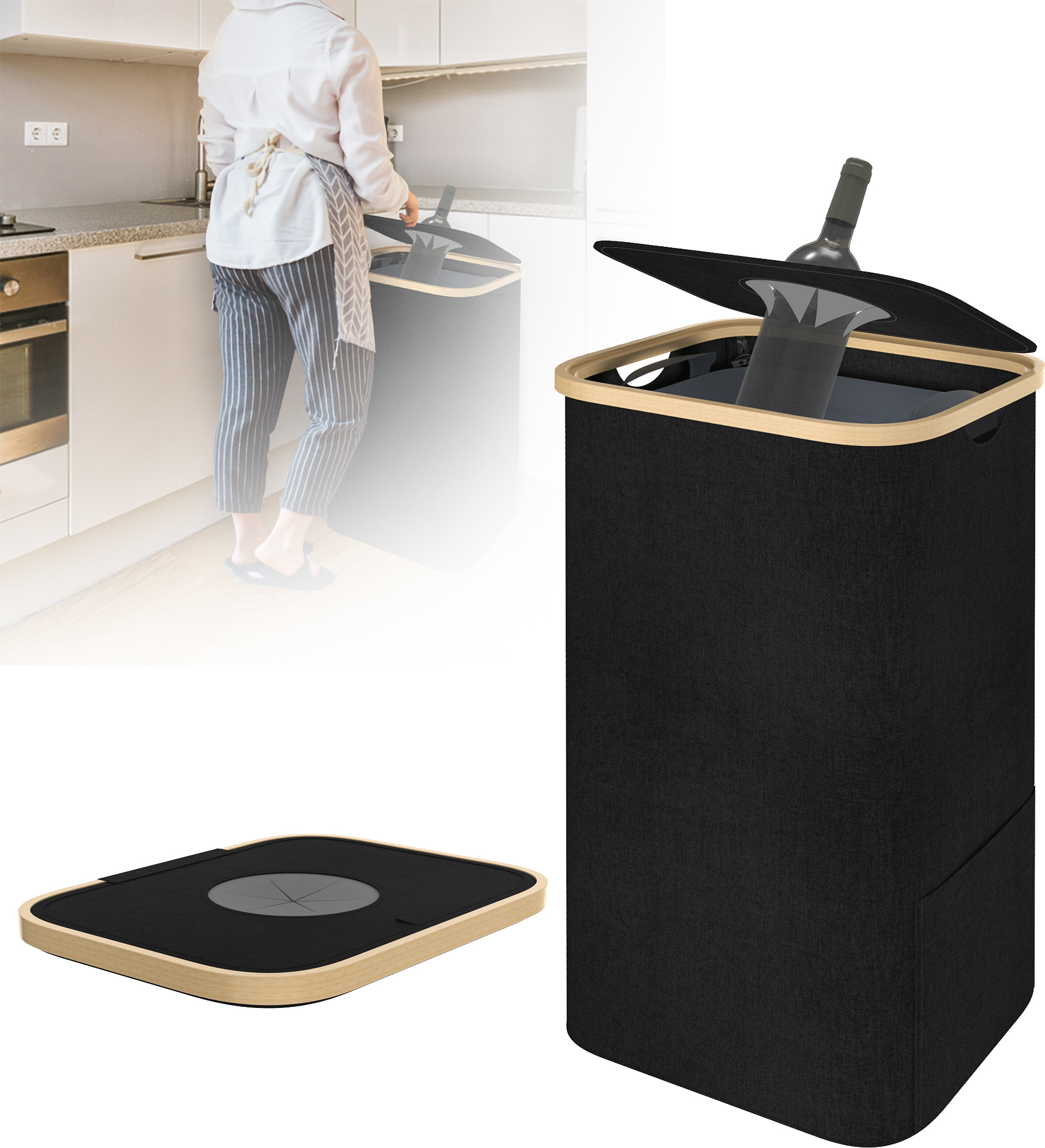 Récipient Collecteur Bouteilles Consignées 100L Avec Couvercle Et Sacs Amovibles - Range-bouteilles Cuisine, Design Noir Et Bambou