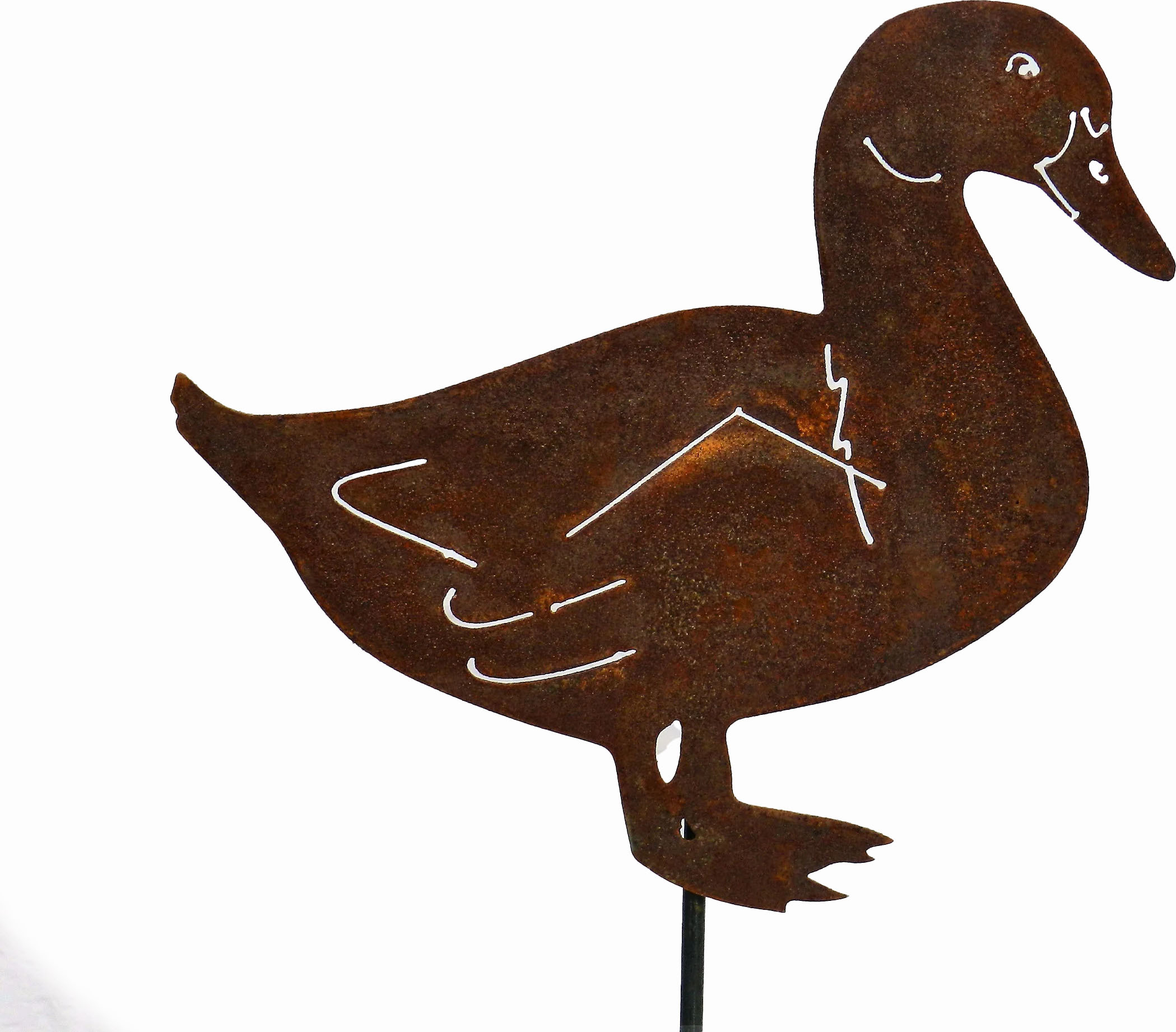 D&L Lasertec Edelrost Gartenstecker Ente Rost, Gartendekoration, Laufente, mit Stab Ente von der Seite  mit Stab
