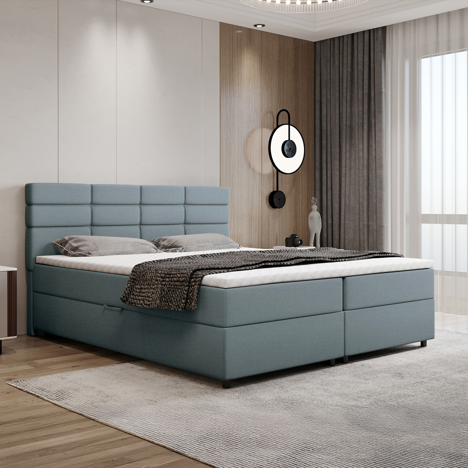 Boxspringbett 180x200, mit Bettkasten, Hellblau, Matratze und Topper, Doppelbett, REVE, Panda Möbel