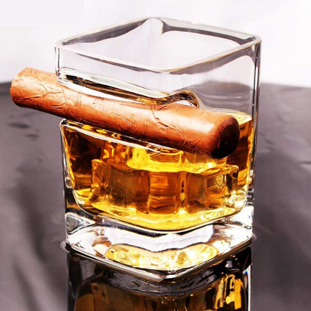 Glas und Zigarre nicht im Lieferumfang enthalten Whiskey-Glas-Tablett und Zigarrenhalter rustikales Holz-Zigarren-Tablett Metall/Quadrat Geschenk für Männer Zigarrenablage Schlitz für Zigarre