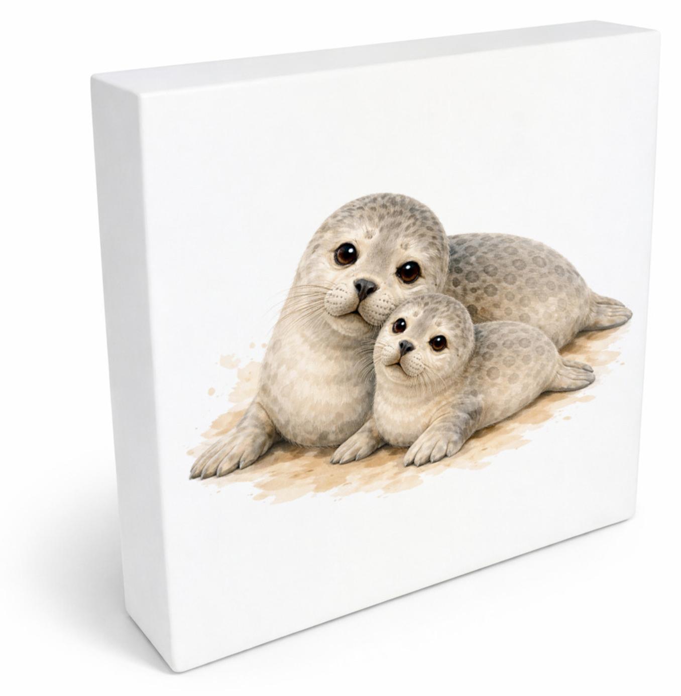 speecheese Robben Charme Robbenmutter mit Jungem Holzbild in 20x20 cm zum Stellen oder 1029187