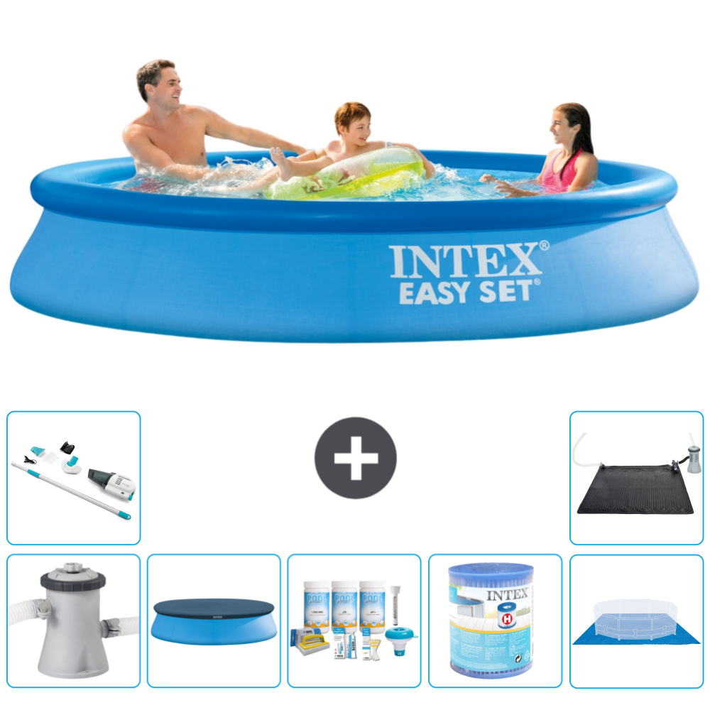 Intex okrúhly nafukovací bazén Easy Set - 305 x 61 cm - modrý - vrátane krytu čerpadla - balík na údržbu - filter - podložka - vysávač - solárna podložka