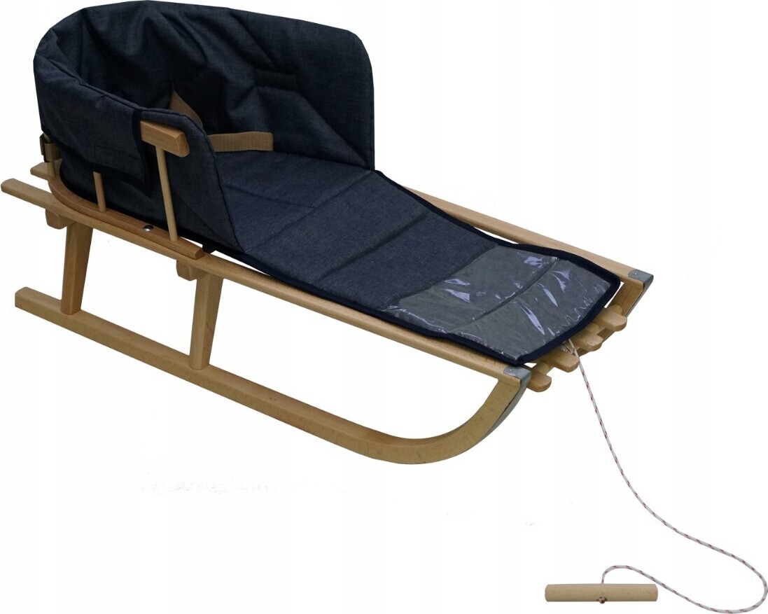 Skyline Holzschlitten für Kinder mit Rückenlehne Rodelschlitten Davoser Schlitten aus Holz mit einem Sicherheitsgurt Rückenlehne Matratze