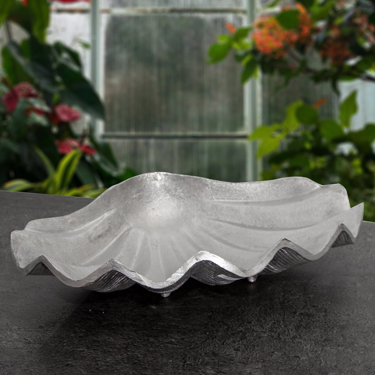 Antikas Tablett aus Aluminium, Muschelform, Matt, Groß, Auslage