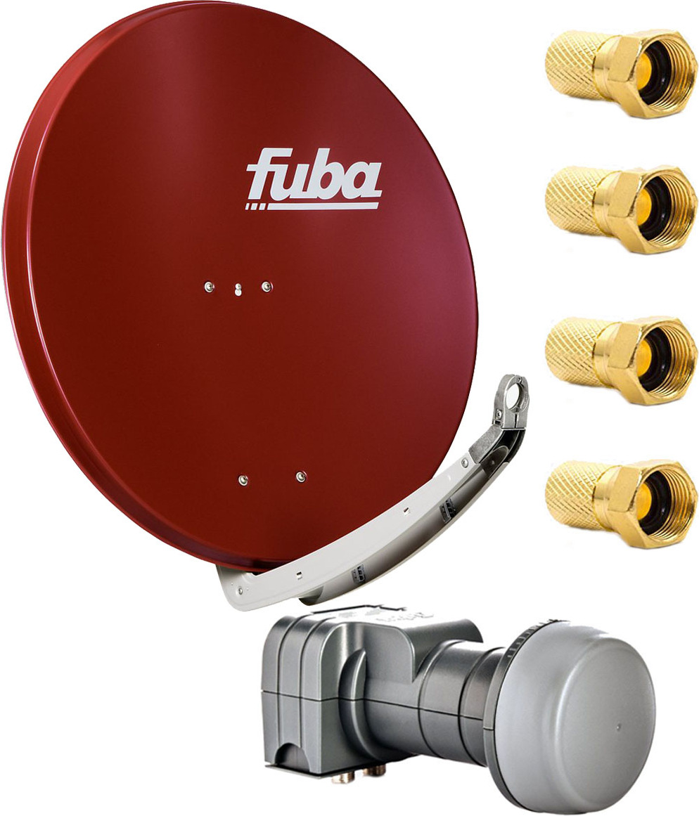 Fuba Digital Sat Anlage DAA 850 R Satellitenantenne 85 cm Aluminium Rot mit DEK 217 Twin LNB HDTV 4K 3D + 4 F-Stecker