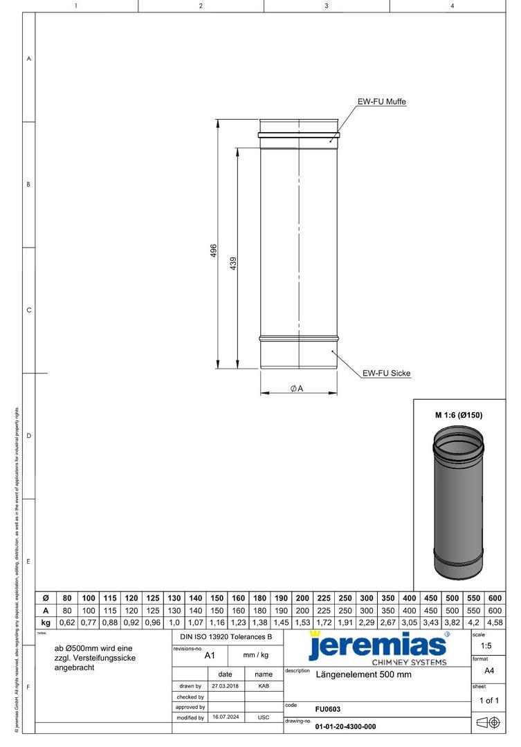 Jeremias EW-FU Längenelement 500 mm Ø 225 mm