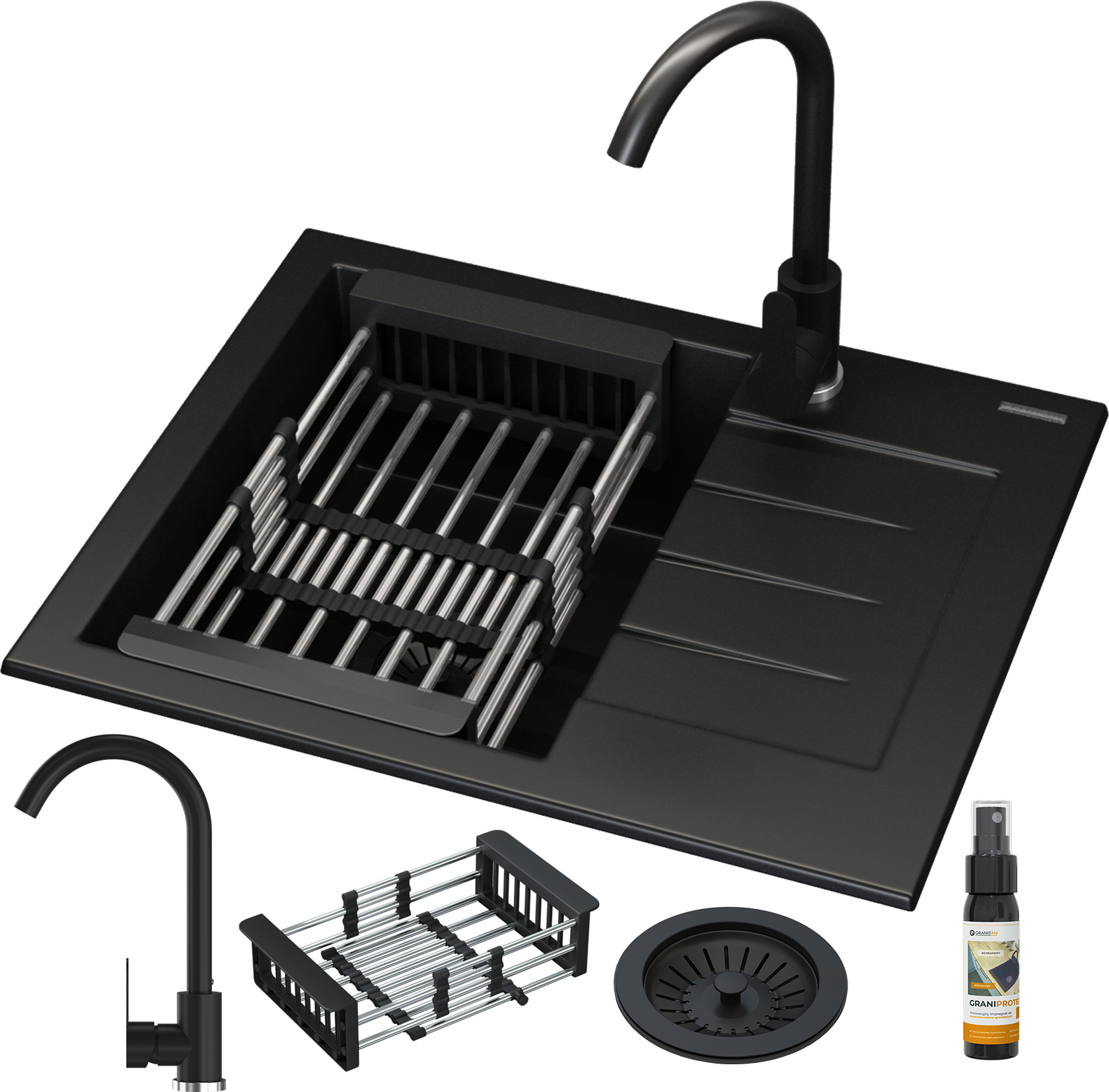 Granitan | Granitspüle Milano - Schwarz - Einbau mit Abtropffläche - Set MILANO + PRESTIGE + ABTROPFFLÄCHE