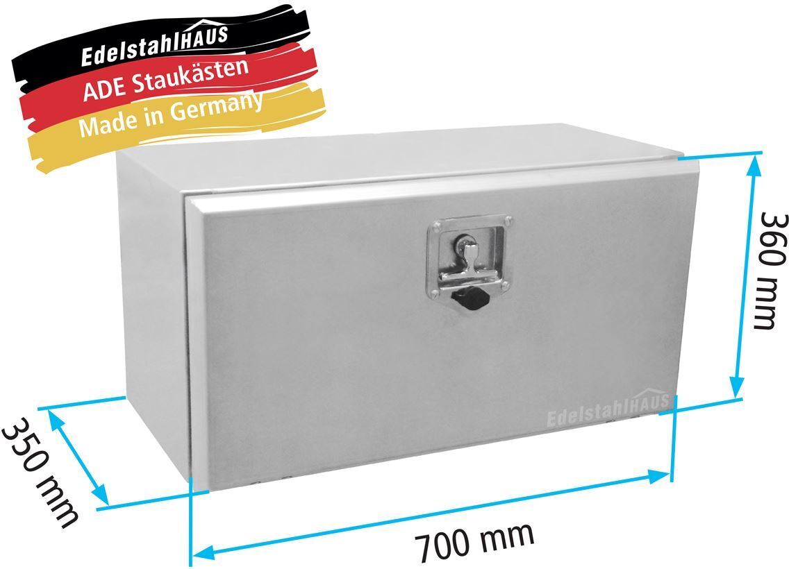 Edelstahlhaus ADE Werkzeugkasten Edelstahl 700 x 360 x 350, Staukasten, Staubox, Unterflurbox + 2 x Edelstahlkette beidseitig 90°