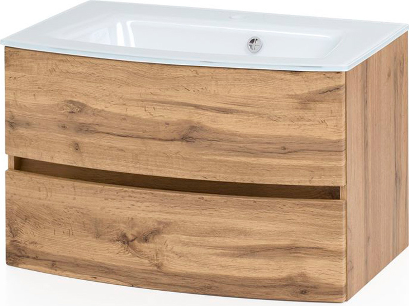 Lomadox Badezimmer Einzelwaschtisch 80 cm Wotaneiche Nb. LAURIA-03 inkl. Glaswaschbecken weiß, BxHxT: ca. 80x53x49 cm 198.1.3166