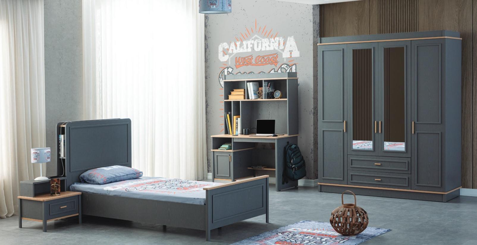 AEA Kinderzimmermöbel Kinderzimmer Bett Kinderbett Grau Holz Set 4tlg