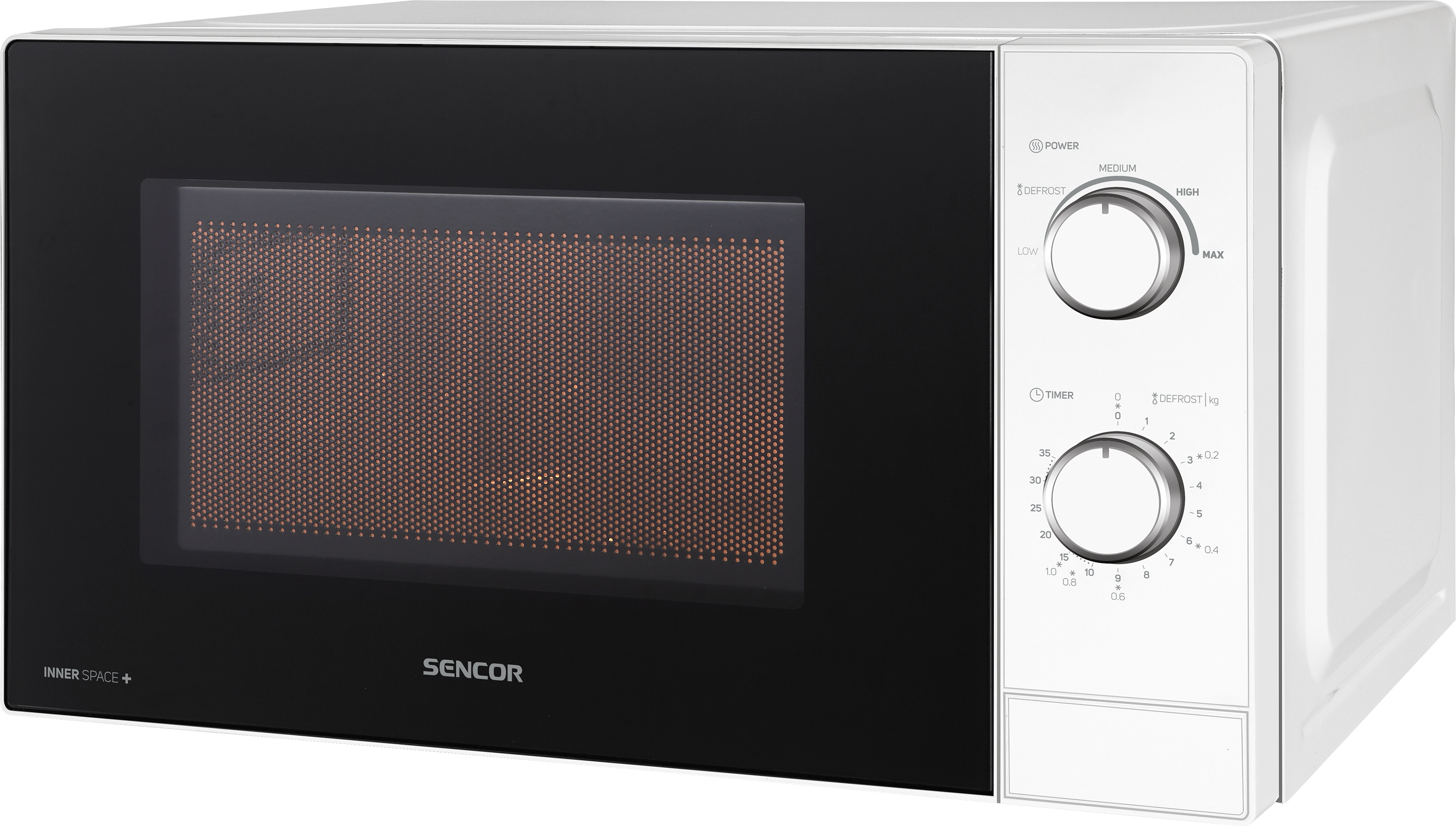 SENCOR SMW 1718WH Mikrovlnná rúra, objem 20 l, 5 úrovní výkonu, funkcia rozmrazenia, 35 minútový časovač, mikrovlnný výkon 700 W, priemer otočného taniera: 255 mm