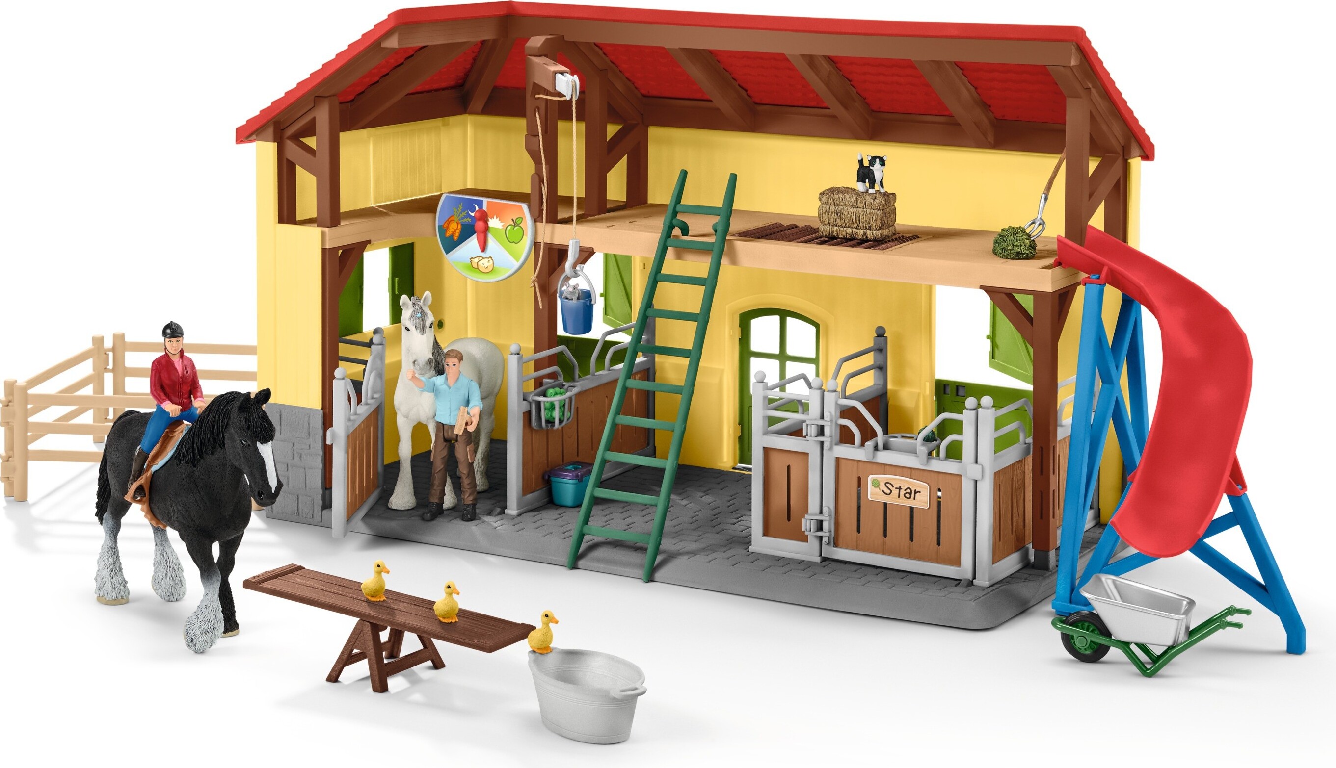 Schleich 42485 Farm World Pferdestall - Mit 7 Tieren, 2 Pferdeboxen, Bauer Paul und Bäuerin Laura - Ab 3 Jahren