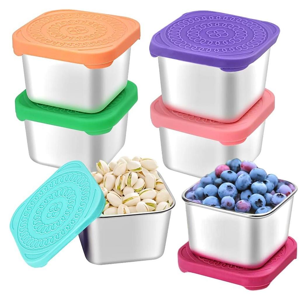 Produktbild von JSHNE Snackbehälter 4er Set Mit Deckel & Besteck | Edelstahl Mit 2 Fächern, Inkl. 2 Gabeln & 2 Löffel | Auslaufsicher Für Unterwegs, Camping, Büro & Picknick