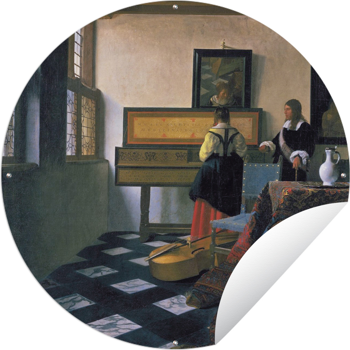 MuchoWow® Gartenposter Outdoor-Poster Rund Die Musikstunde - Johannes Vermeer Ø 120 cm Gartendeko Rundes Poster draußen 144|322486814