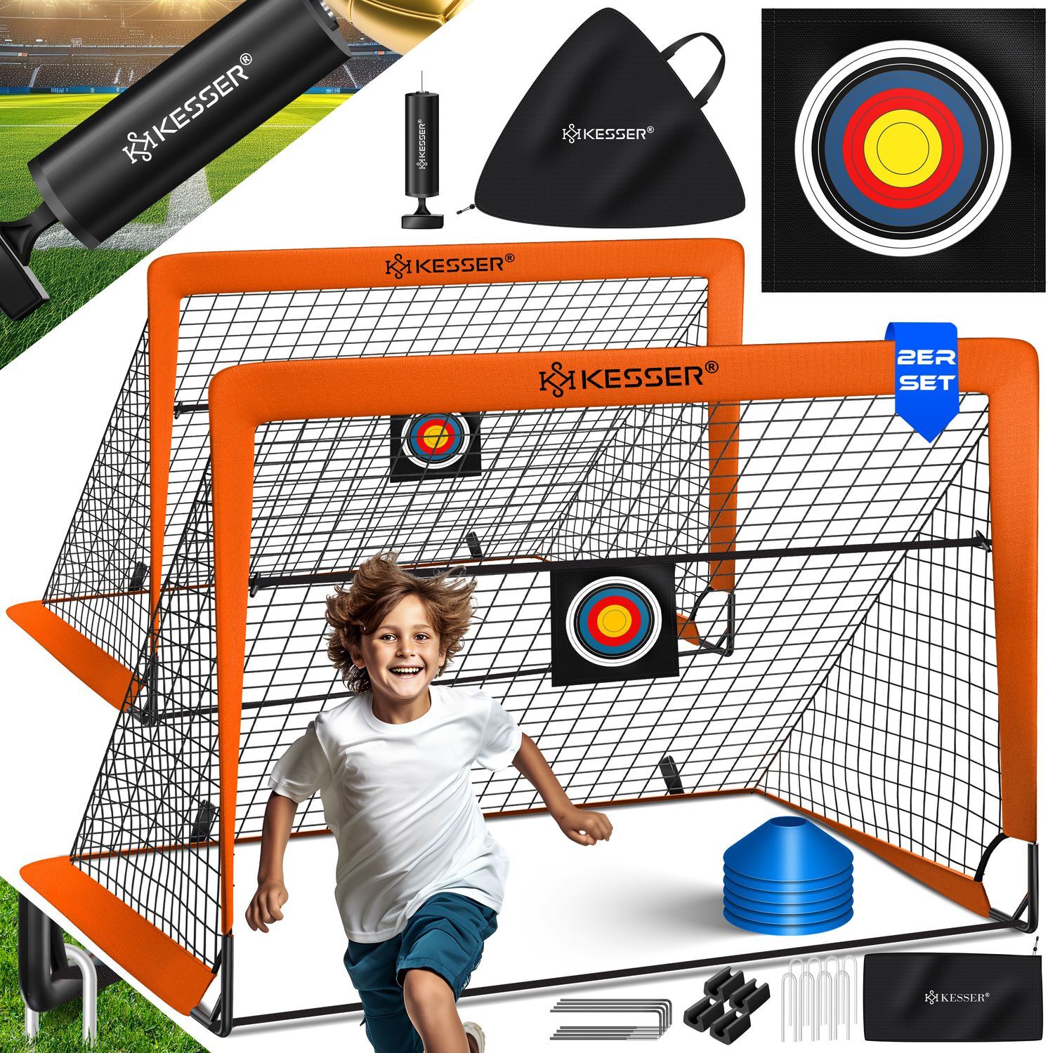 KESSER® Fussballtor 2er Set | Tolles Fußball Geschenk für Kinder, Indoor und Outdoor Garten : Antirutsch - Inkl. Fußball Trainingszubehör: Hütchen, Zielscheibe, Sporttasche, Ballpumpe