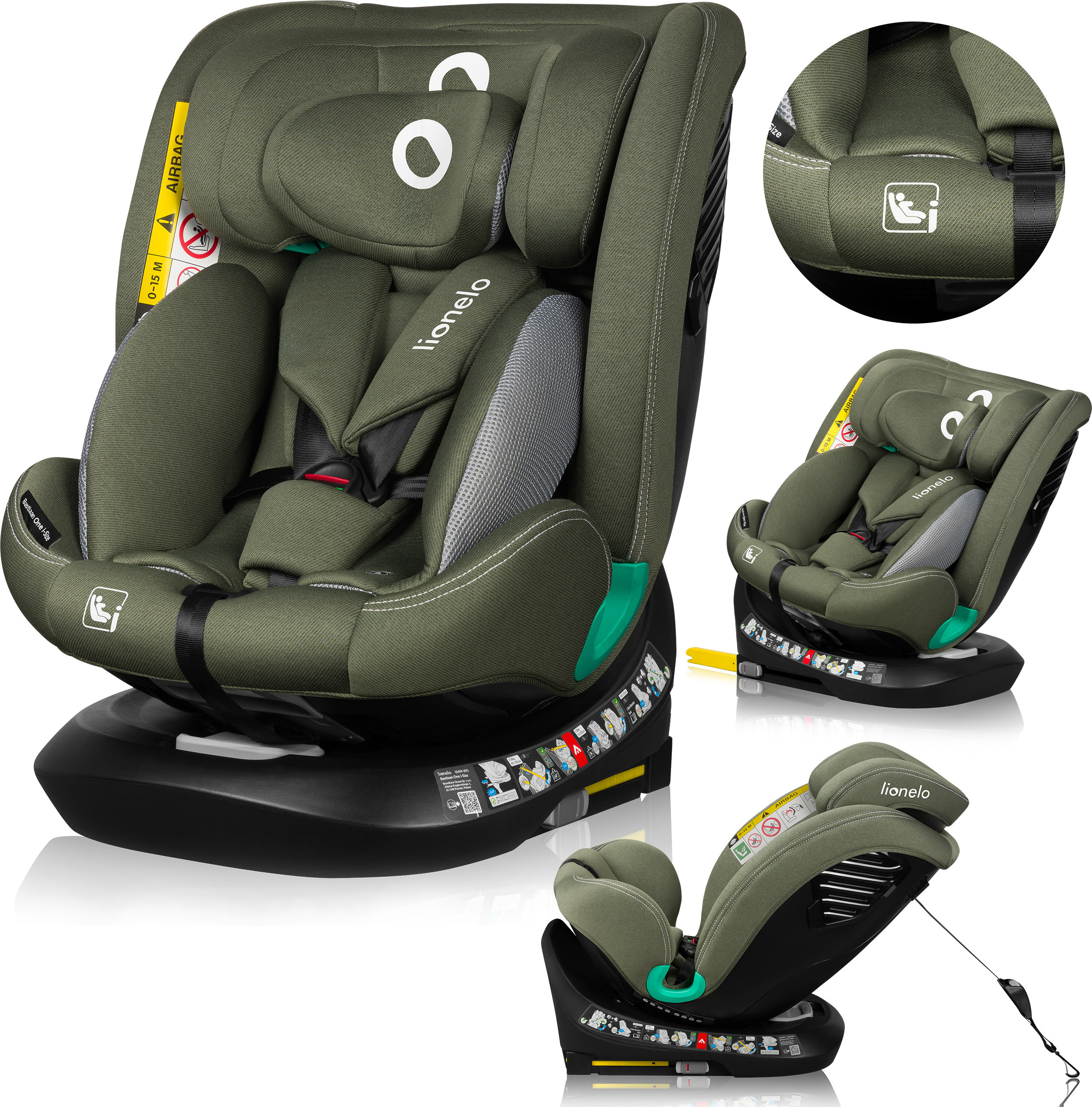 Lionelo detská autosedačka Bastiaan One i-Size, od narodenia do 12 rokov, od 0 kg do 36 kg, Dri-Seat, 360 stupňov - Zelená olivová