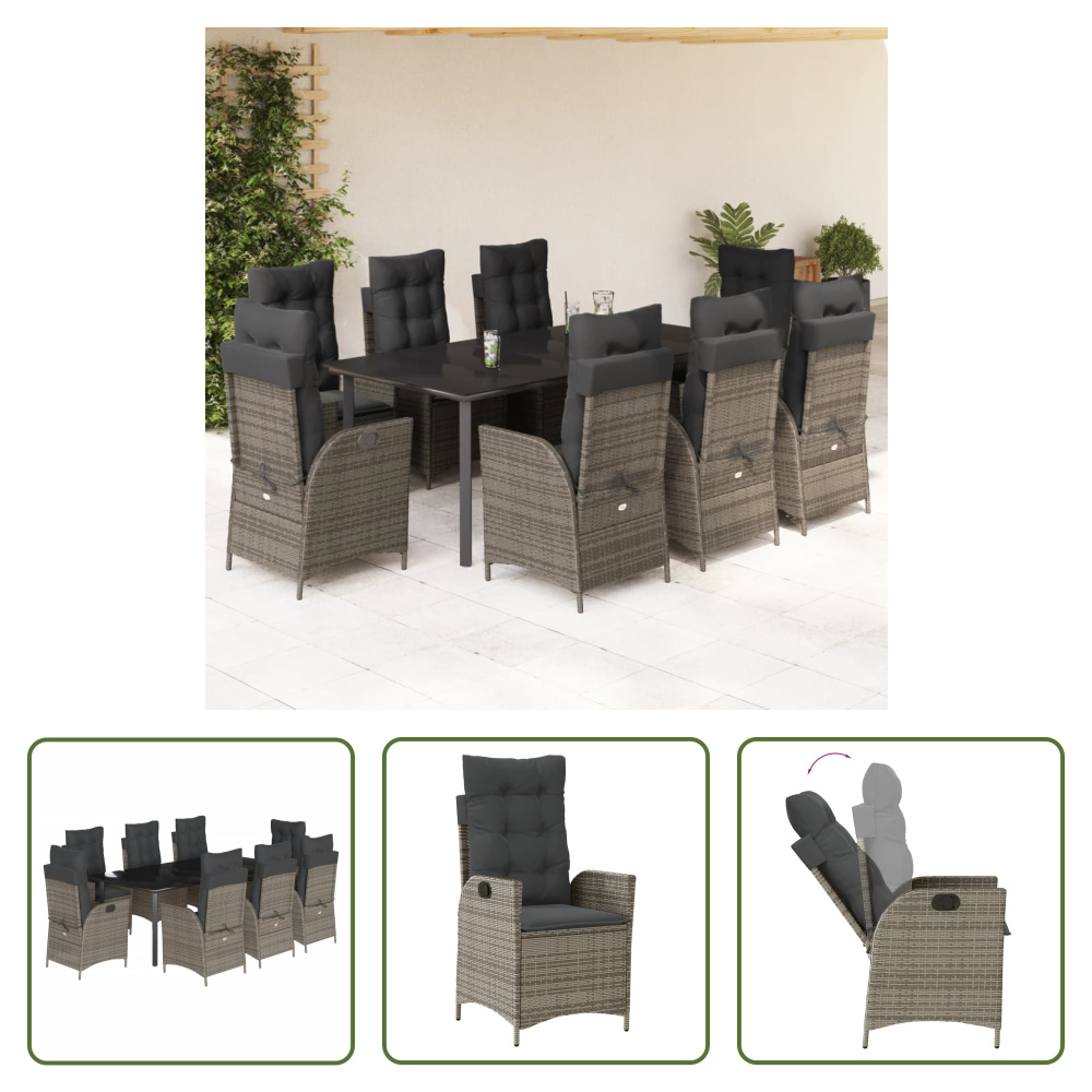 The Living Store 9-dielny záhradný jedálenský set s vankúšmi sivý polyratan