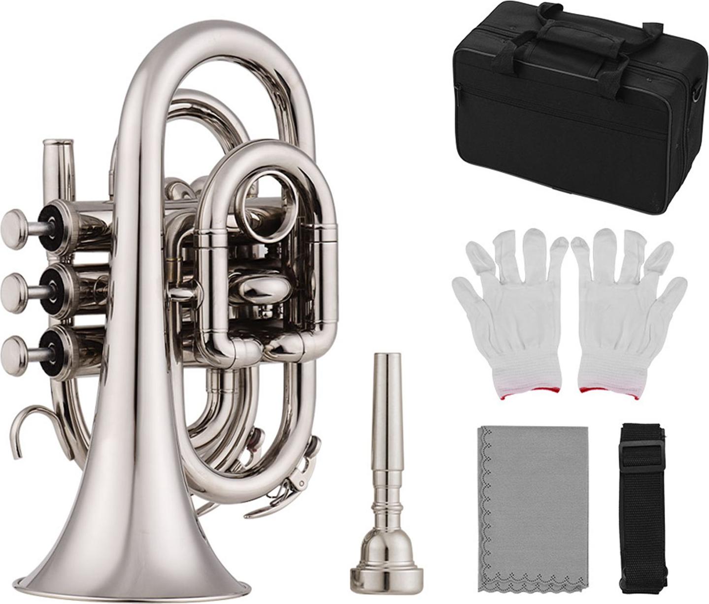 Cocosity B-Taschentrompeten-Set, 5 Optionale Farben, Handtrompete mit Kofferriemen, Wei?e, Reinigungsset fr Studenten und Anf?nger (SILVER)