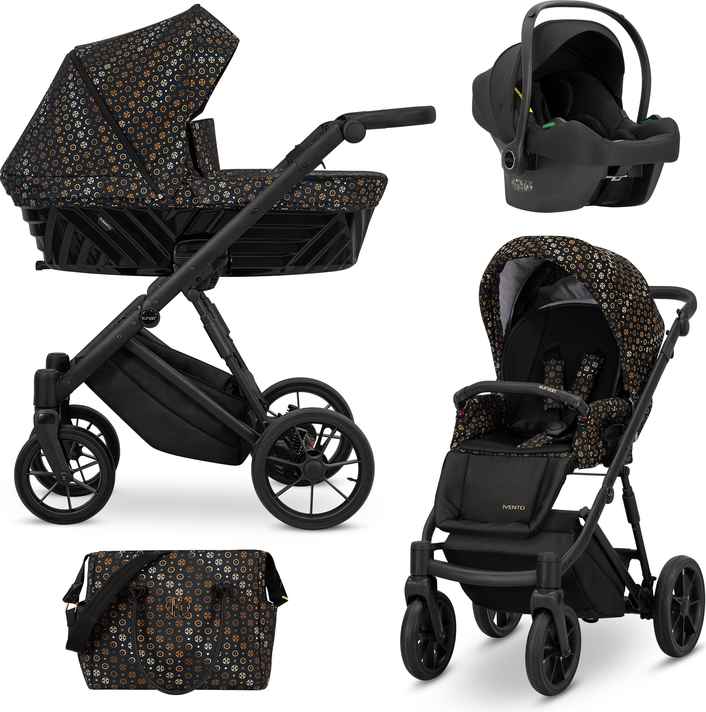 Kunert Kinderwagen IVENTO Sportwagen Babywagen Babyschale Komplettset Kinder Wagen Autositz Set 3 in 1 (Black Style, Rahmenfarbe: Schwarz)