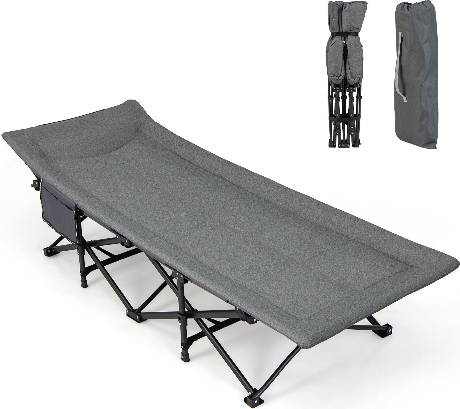 COSTWAY Lit de camp pliable avec sac de transport & poche latérale, lit de camping