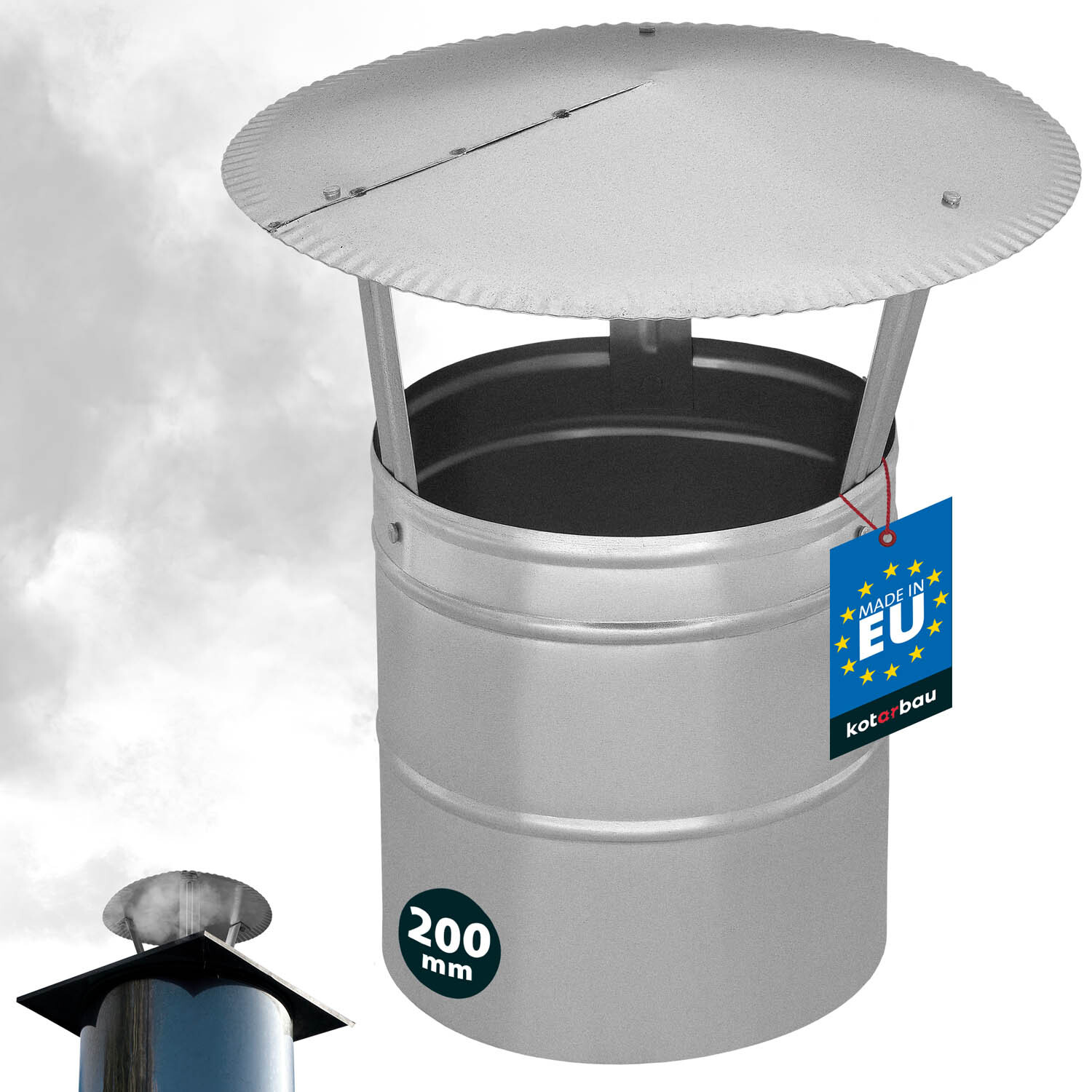 Comignolo Antivento KOTARBAU® In Acciaio Zincato E Verniciato A Polvere, Diametro 150 Mm, Nero, Per Canna Fumaria E Stufe A Pellet, Protezione Da Pioggia E Uccelli