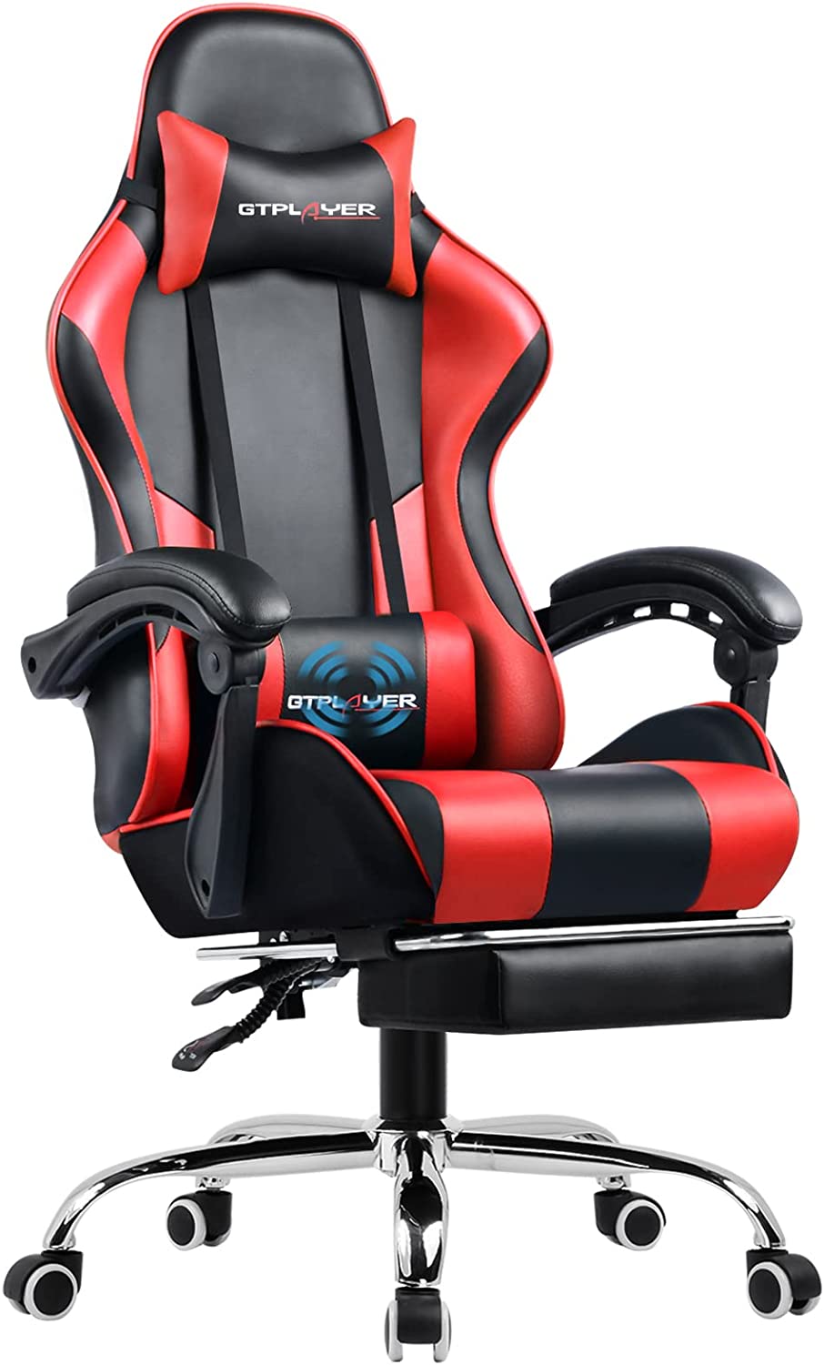 Herná stolička GTPLAYER, ergonomická kancelárska stolička s masážnou funkciou a opierkou na nohy, spojovacie madlo, oceľová základňa, červená