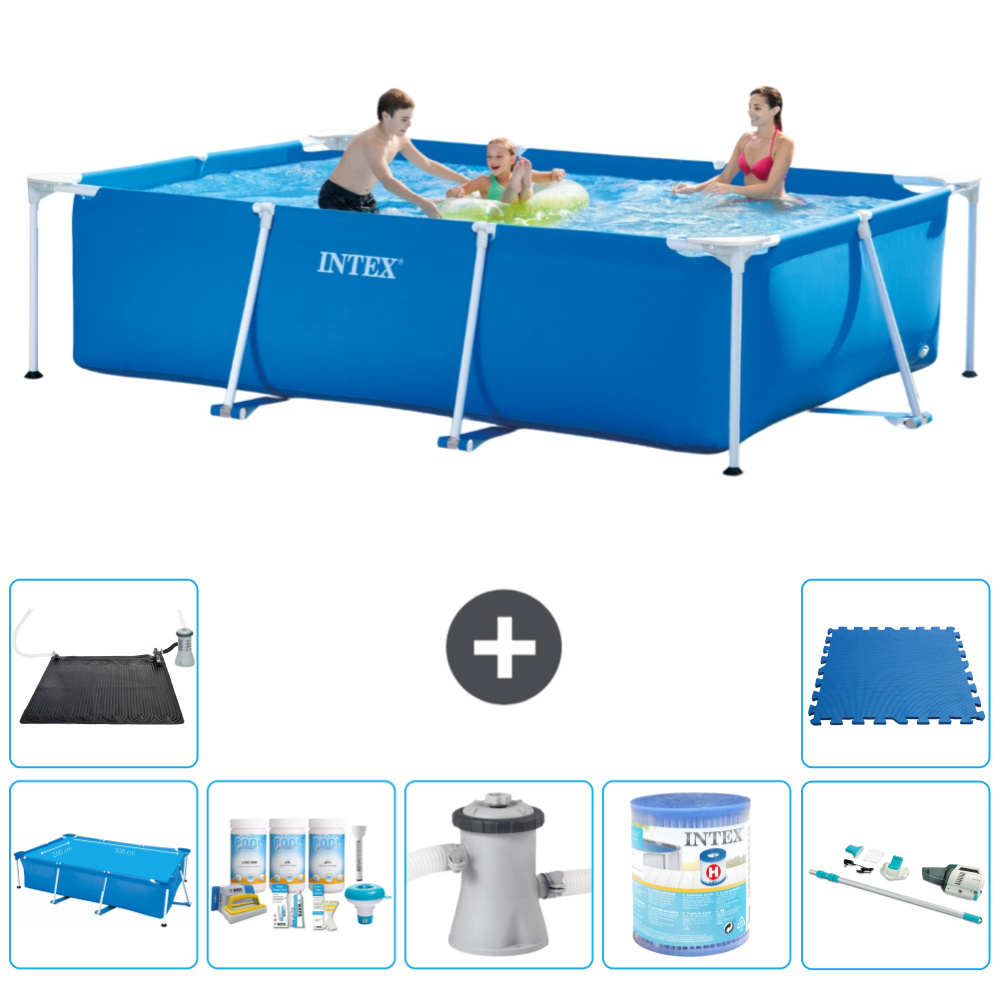 Bazén Intex s obdĺžnikovým rámom - 300 x 200 x 75 cm - modrý - obsahuje markízu - balík na údržbu - filtračné čerpadlo pre bazén - filter - vysávač - solárna podložka