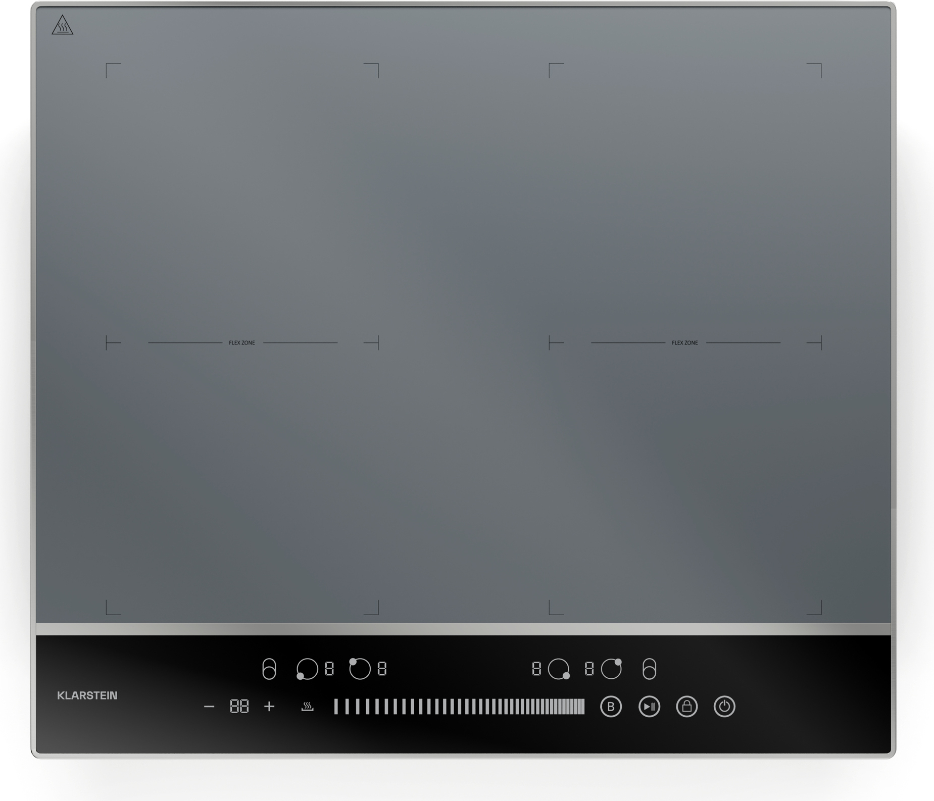 Klarstein DualTone Flex indukčná varná doska - 4-zónová indukčná varná doska, 7200 W, Thermoboost, flexi zóna, posuvník, časovač, hliníkový rám, biely LED displej, strieborná farba