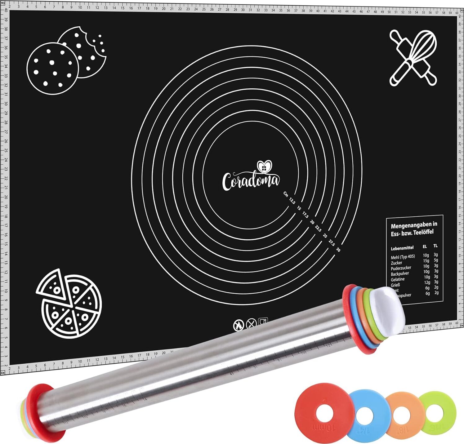 Coradoma Silikon Backmatte 60x40 cm mit Teigroller | Dauerbackfolie zum Backen Teigmatte SPC003