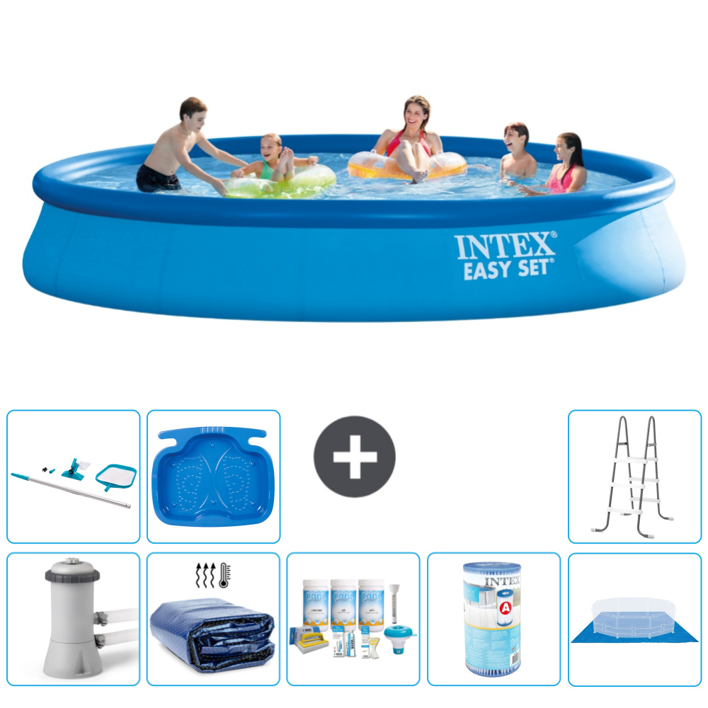 Okrúhly nafukovací bazén Intex Easy Set - 457 x 84 cm - modrý - vrátane markízy s čerpadlom - balík na údržbu - filter - podložka - čistiaca súprava - rebrík