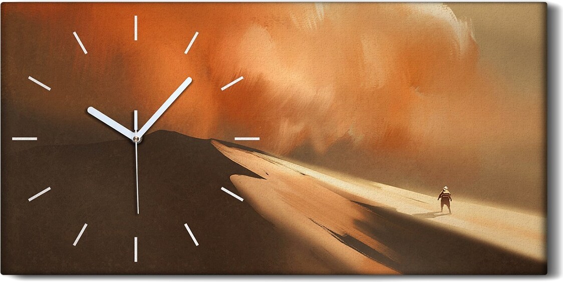 coloray Wandbild Leinwand Bilder mit Uhr 60x30 Sandsturm in der Wüste und Wanderer - weiße Hände zch-60x30-117074477-b